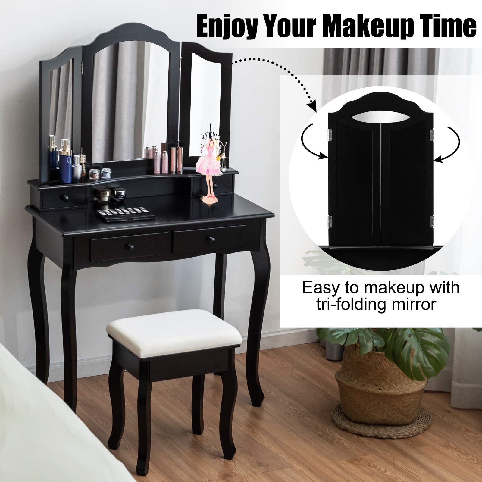 MAT EXPERT Vanity Desk Set with Mirror and Drawer - Modern Dressing Table with Cushioned Stool & 4 Storage Drawers - Tri-Folding Mirror Makeup Vanity for Bedroom, Bathroom, Nursery - Perfect for Daily Beauty Routine & Home Decor (Black)