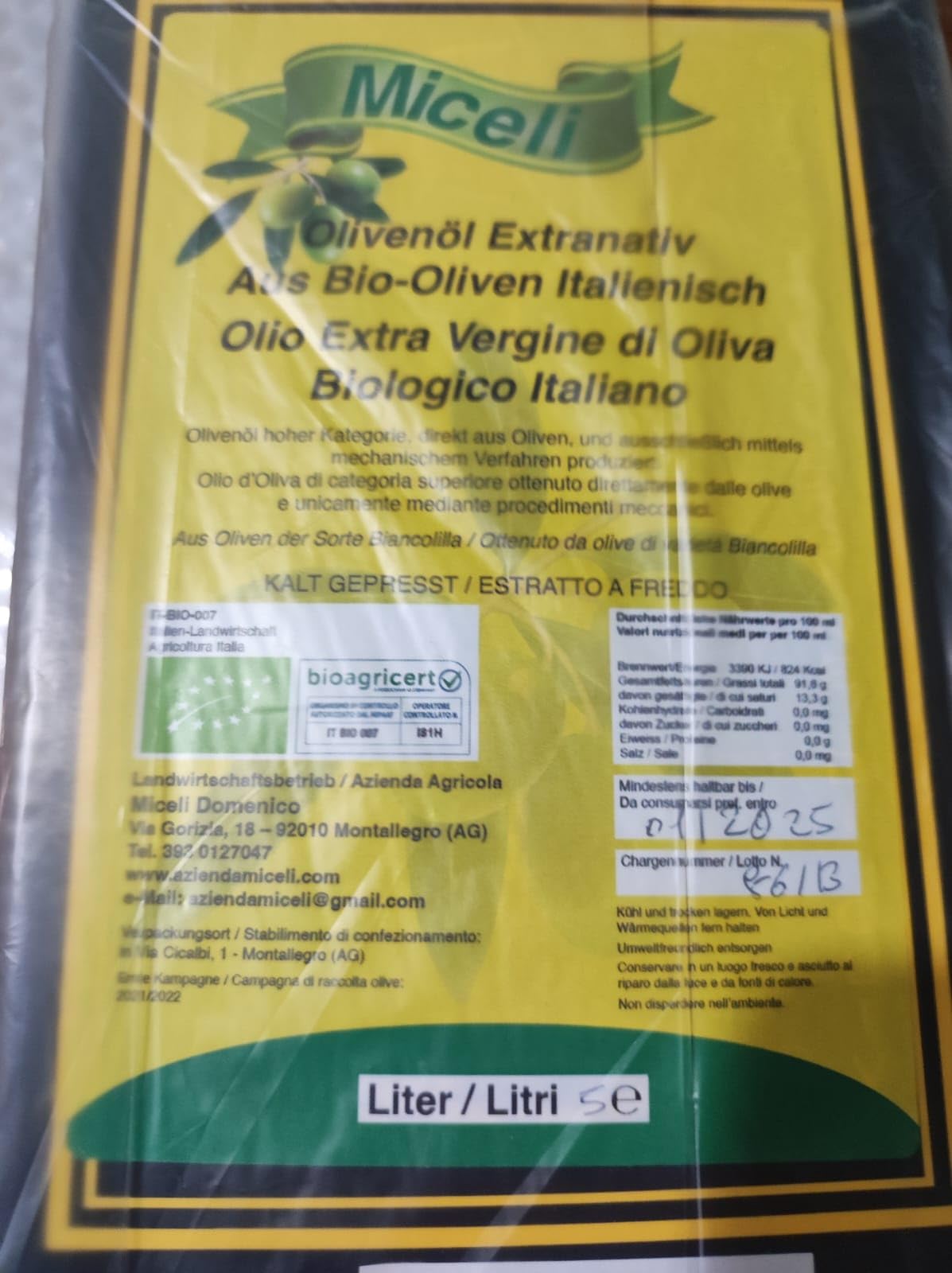 Miceli - 100% Italian Extra Virgin Olive Oil, Cold Pressed | 5 Liters | Bag in Box – Monovarietal Biancolilla Medium Fruity 2024-2025 Harvest | Perfect for Cooking, Salads & Gourmet Dishes