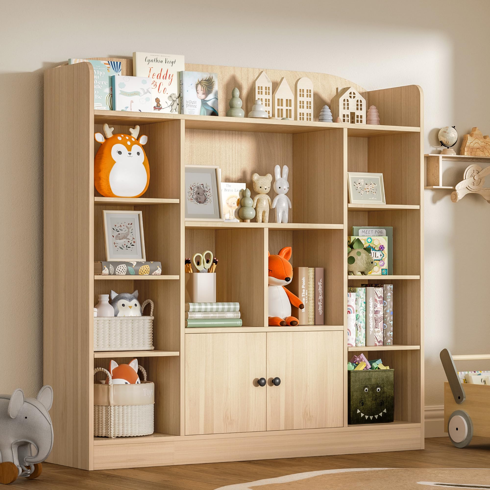 Oak Kids Bookshelf - 11 Cubbies & 2 Cabinets Book Storage Organizer for Children's Bedroom, Playroom, Nursery & Hallway | Durable Freestanding Bookcase for Toys, Storybooks & School Supplies