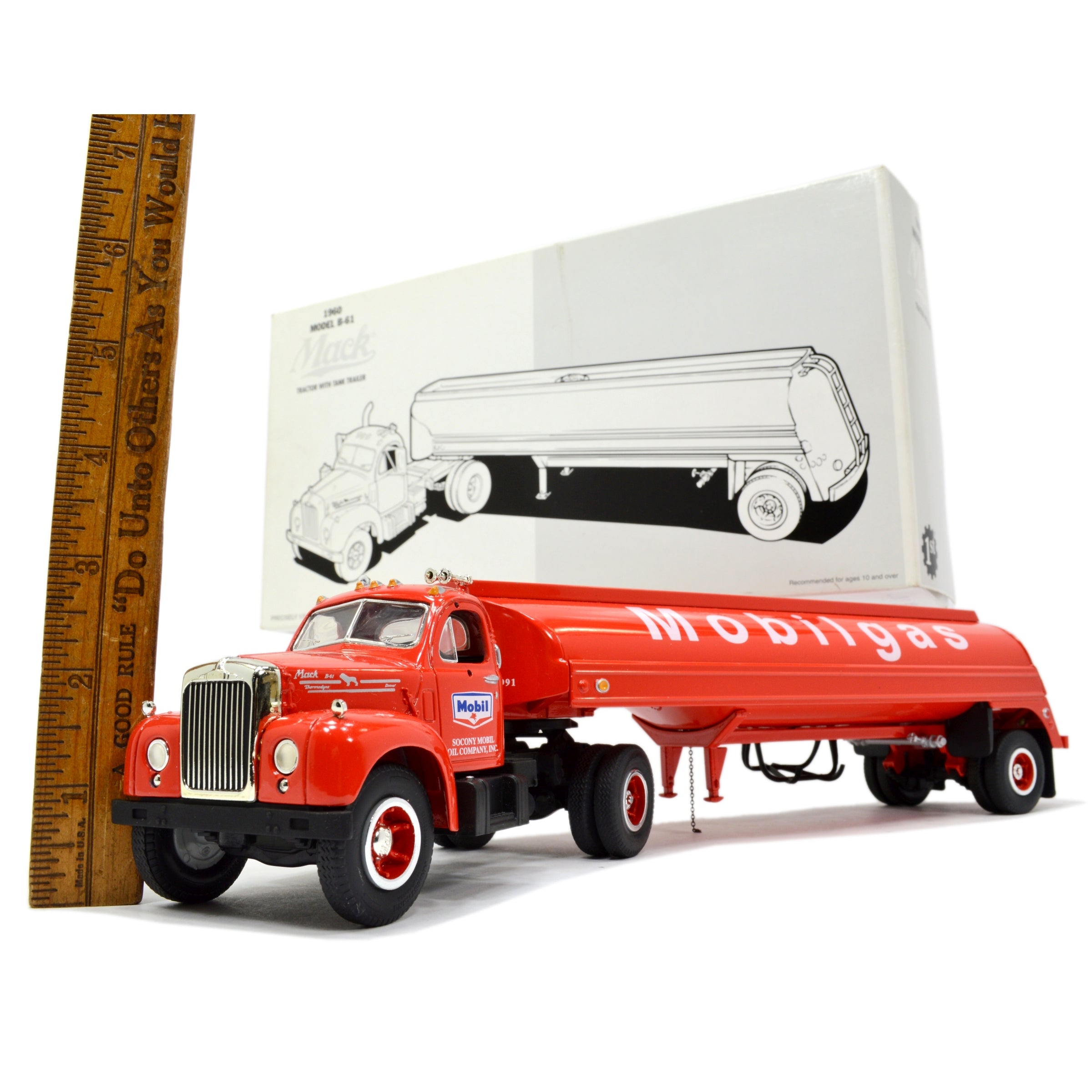FIRST GEAR MACK 1960 B 61 TRACTOR with TANK TRAILER 1:34 Scale Diecast Model - Mobil Gas Truck for Collectors & Display - Perfect for Vintage Truck Collections & Diorama Scenes