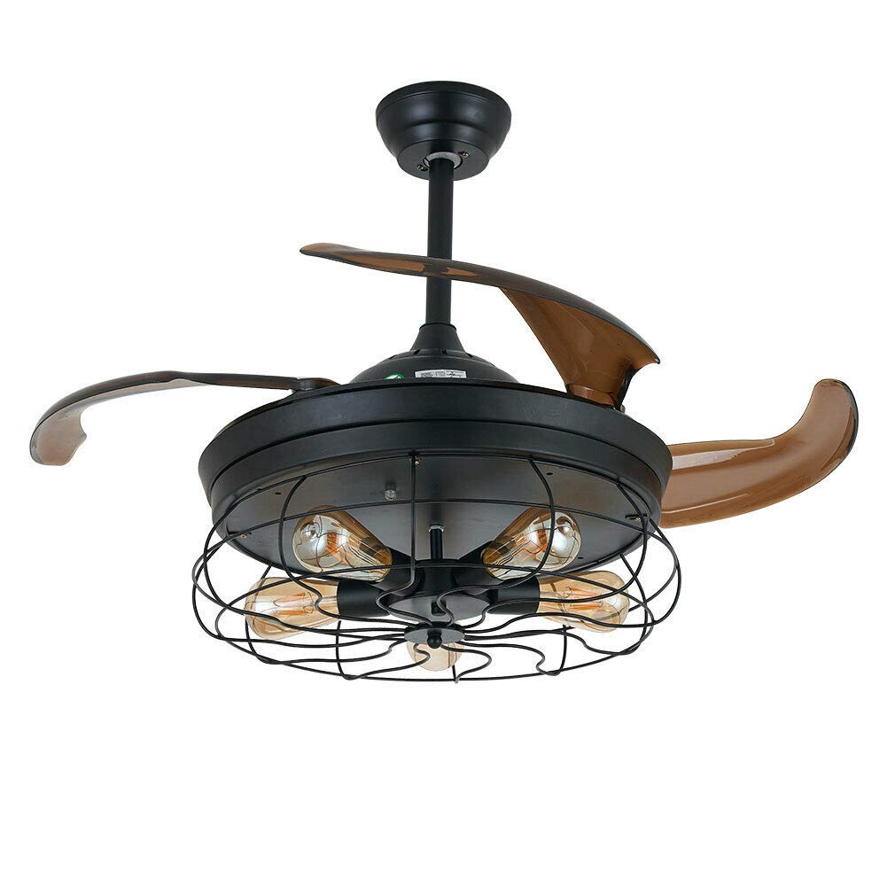 42 Inch Vintage Industrial Ceiling Fan with Light - Remote Control Retractable Blade Chandelier Fan (5 Edison Bulbs Required, Not Included) for Living Room, Bedroom & Patio Cooling