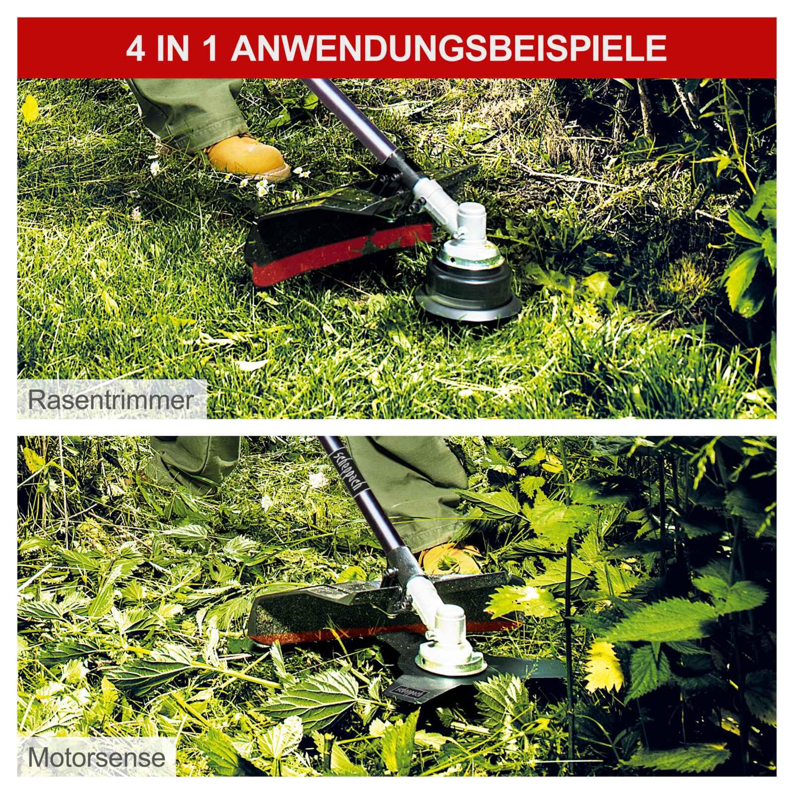 Scheppach MFH5200-4P 1.8HP 4-in-1 Gas Power Multi-Tool for Gardening - Grass Trimmer, Hedge Trimmer, Pole Saw, Chainsaw with 250mm Blade/Chain, Pivoting Head & Quick Change System - Perfect for Lawn Care, Landscaping & Yard Maintenance