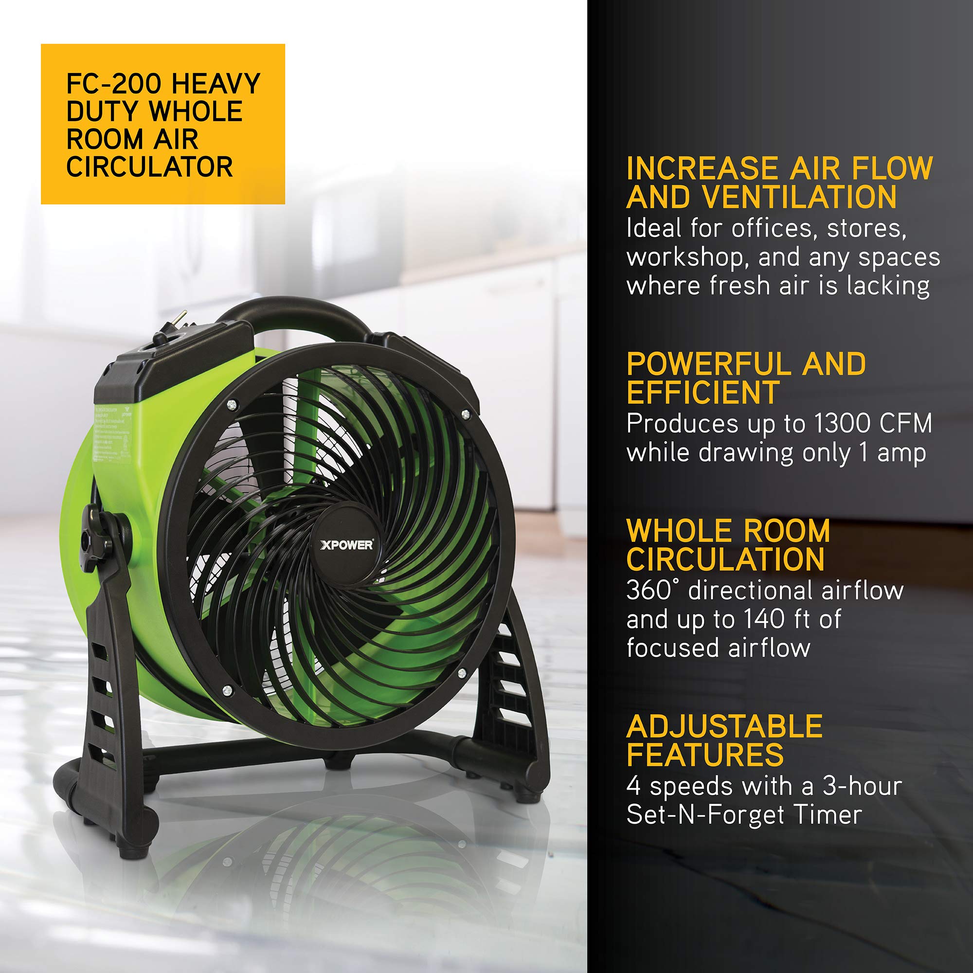 XPOWER FC-200 Heavy Duty Industrial High Velocity Air Circulator Fan - 13 Inch, 1300 CFM, 4 Speed Settings with Timer - Perfect for Warehouse, Workshop, Gym & Home Ventilation