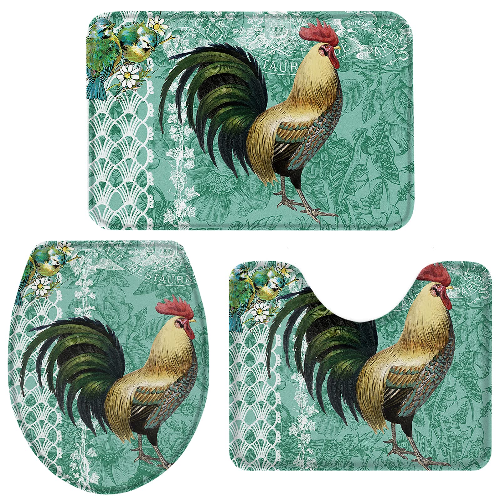 Vintage Farm Rooster Non-Slip 3-Piece Bathroom Rug Set - Absorbent Contour Mat, Toilet Lid Cover & Soft Shower Mat with Green Backdrop | Perfect for Farmhouse, Cottage & Vintage Style Bathrooms