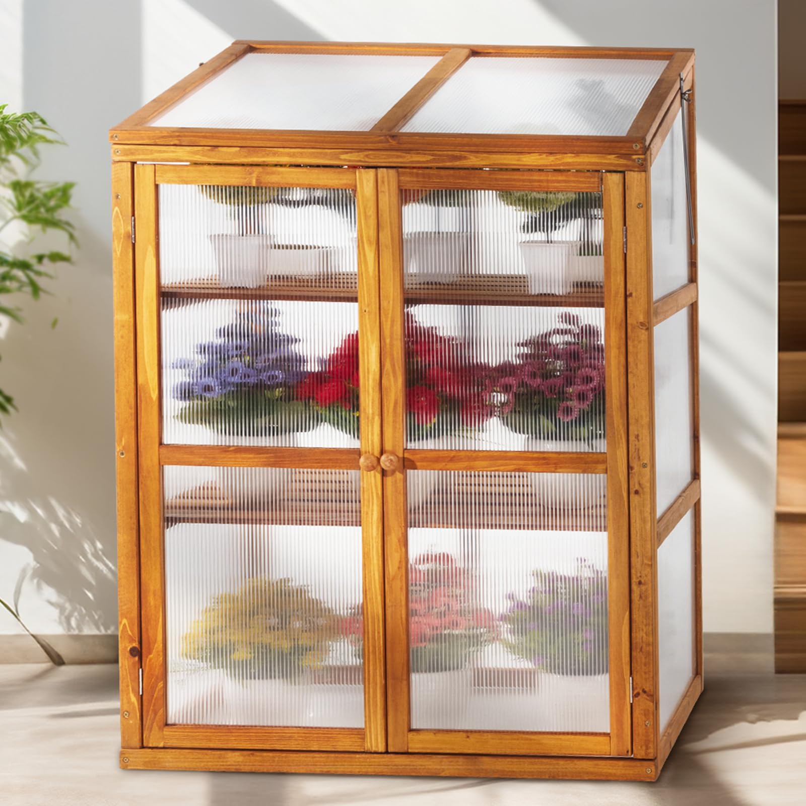 IDZO Fir Wood Cold Frame Greenhouse for Outdoor Plants - 2-Tier Greenhouse Cabinet with Transparent Polycarbonate Panels & Foldable Top - Ideal for Seed Starting, Herb Growing, and Plant Protection - Easy Assembly for Garden, Patio, and Backyard Use