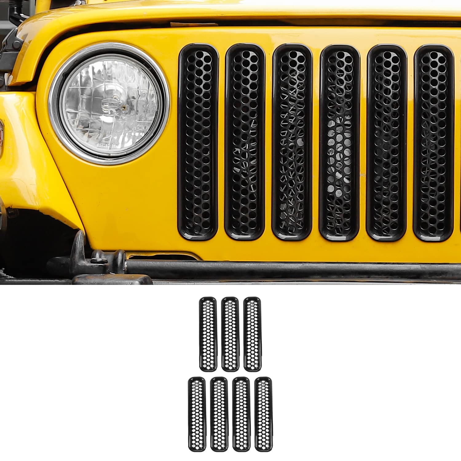 JeCar Black Mesh Grille Inserts for Jeep Wrangler TJ (1997-2006) - Durable Front Bumper Grill Cover for Off-Road & Custom Style Upgrades