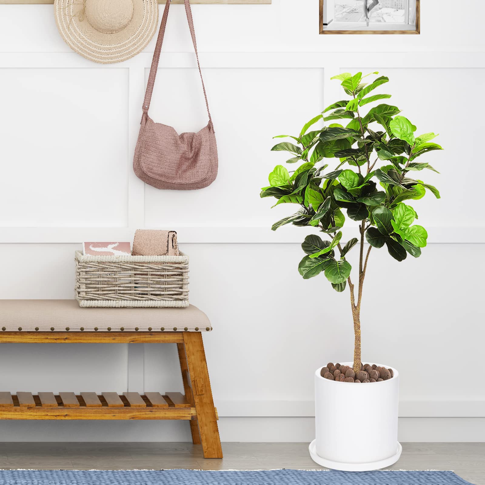 10 Inch Ceramic Plant Pots with Drainage Hole & Saucer - Matte White Modern Cylinder Planter for Indoor Outdoor Plants & Flowers - Full Glazed Finish - Perfect for Home Decor, Office, Garden & Patio