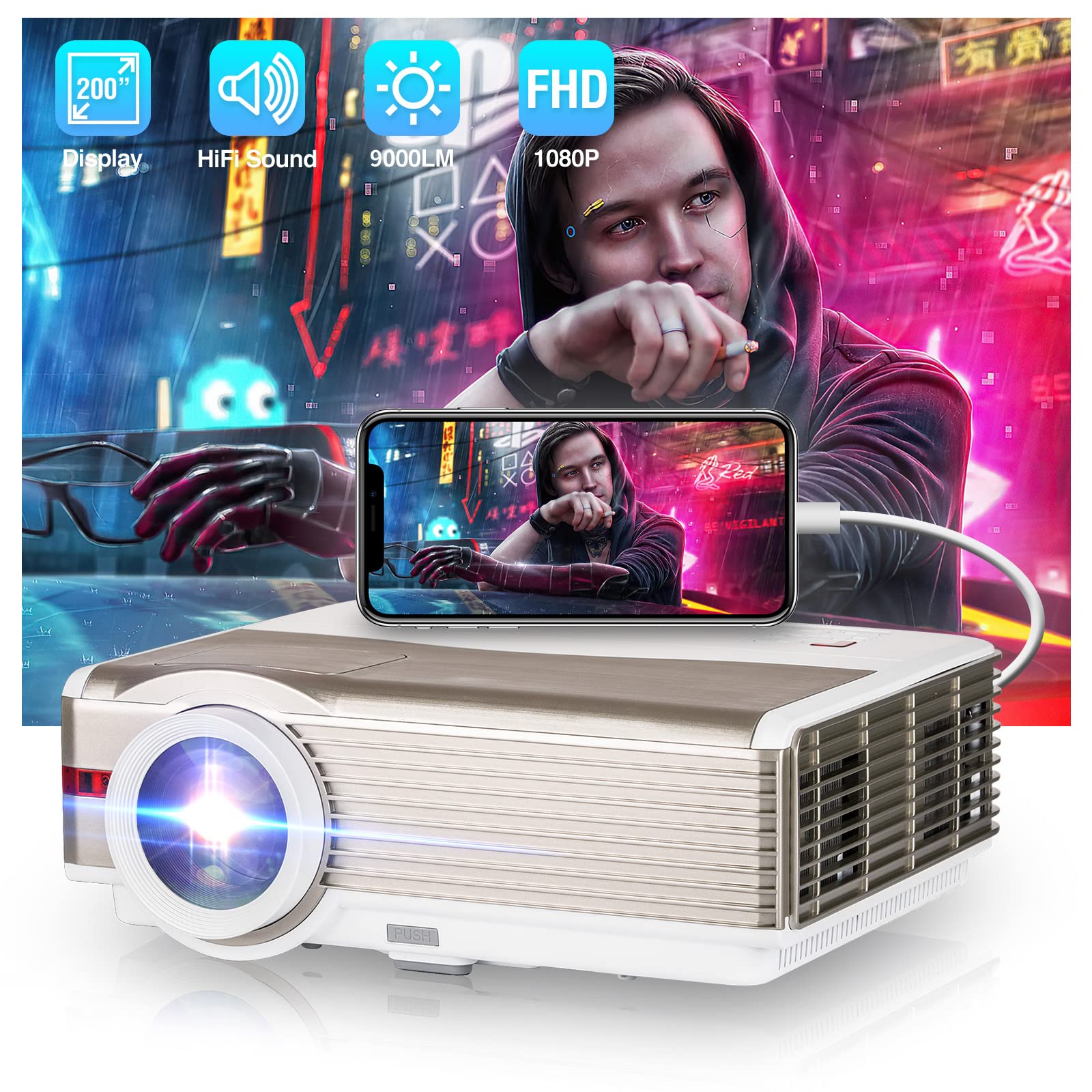 1080P LED Projector 9000 Lumens - 200 Inch Home Theater & Outdoor Movie Projector for Gaming, Digital Zoom, Ceiling Mount | HDMI/USB/AV Compatible with Smartphone, Tablet, Laptop, DVD, TV Stick & PS5 | Perfect for Backyard Movies, Gaming Nights & Home Theater Setup