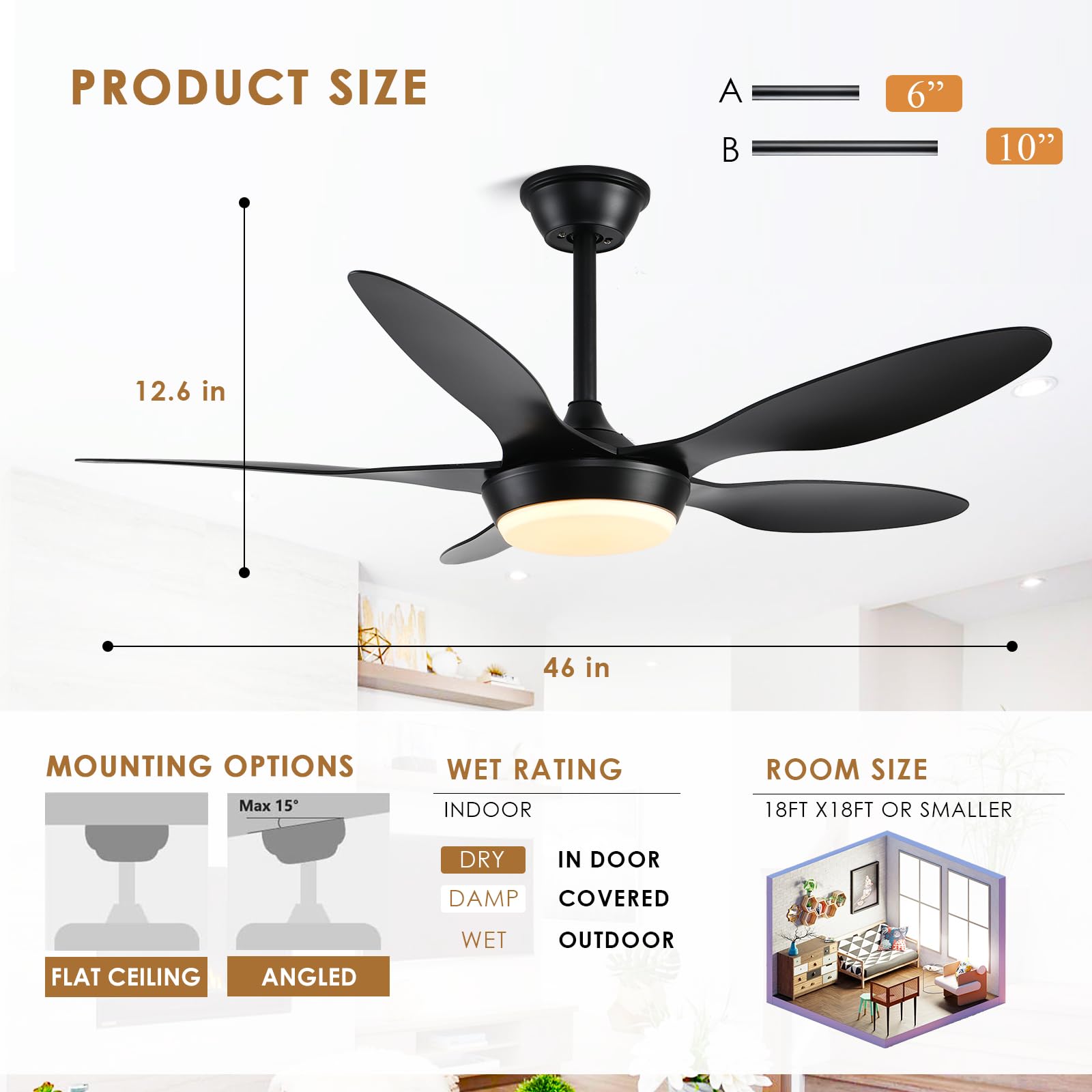 46 Inch Black Modern Ceiling Fan with Light - Remote & APP Control, Low Profile Reversible 6-Speed - Perfect for Indoor/Outdoor Use in Bedroom, Living Room, Patio, and Office Spaces