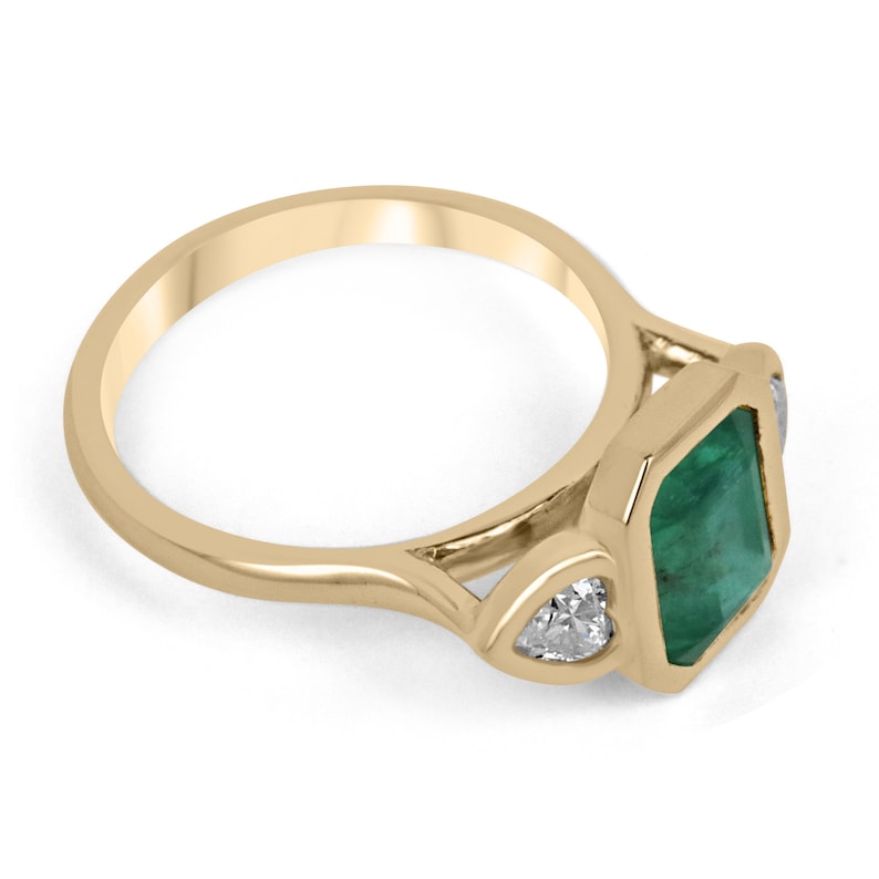 2.97tcw 18K Emerald & Heart Cut Diamond Three Stone Dark Alpine Yellow Gold Engagement Ring for Women - Elegant Wedding, Anniversary, Proposal Jewelry Gift - Perfect for Romantic Occasions