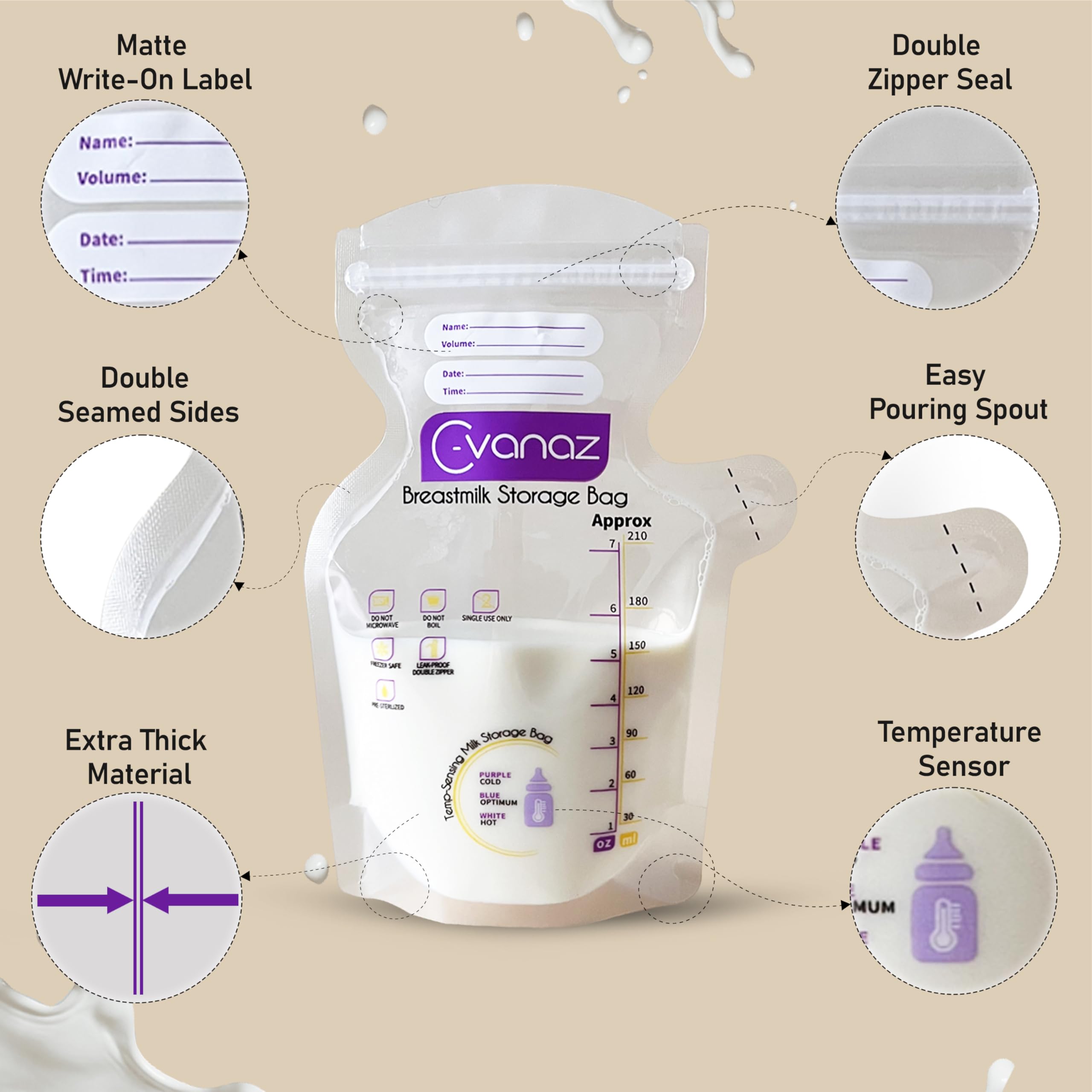 120 Count Breastmilk Storage Bags - 7Oz/210ml Leakproof Freezer Bags with Temperature Indicator | Self-Standing, Pre-Sterilized & Extra Thick for Easy Pouring | Ideal for Nursing Moms, Travel & Long-Term Milk Storage