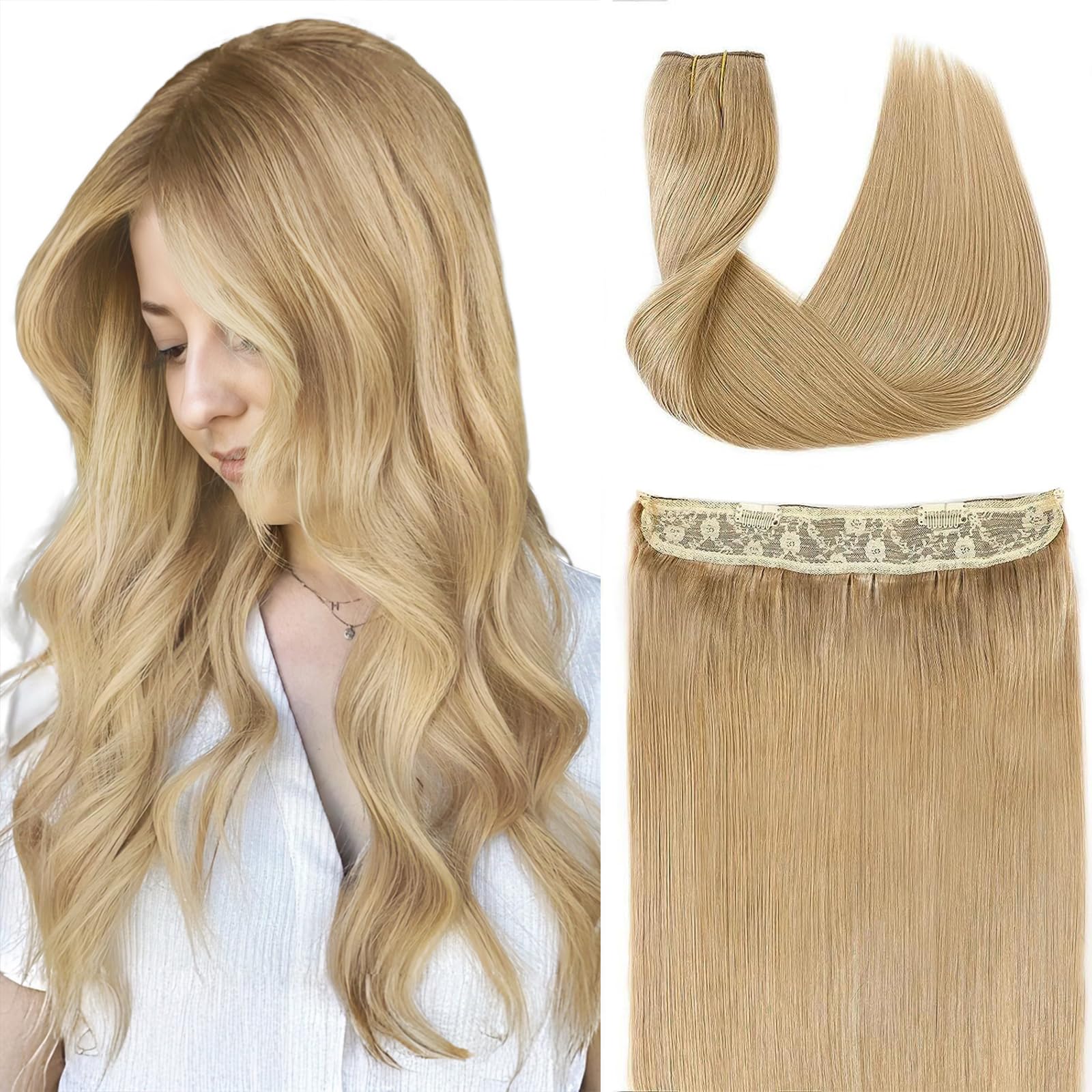 RECOOL 20 Inch Caramel Blonde Remy Human Hair Extensions - Invisible Wire Fish Line Clip-Ins for Straight Hair | Perfect for Parties, Weddings & Daily Styling