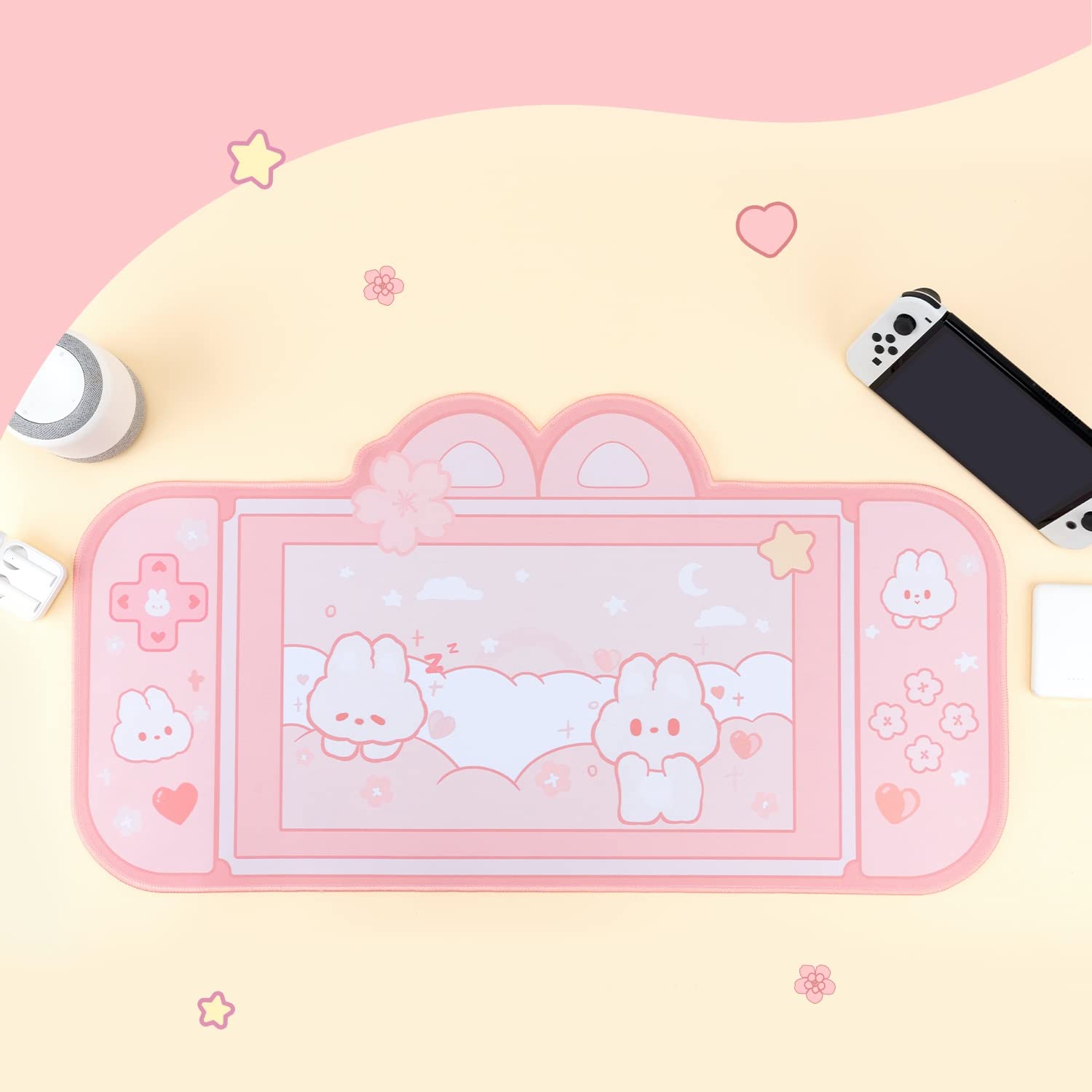 BelugaDesign Bunny Desk Pad - Large Pastel Pink Gaming Mouse Mat for Nintendo Switch, Keyboard & PC - Cute Kawaii Rabbit Anime Desk Protector - Perfect for Easter Gifts, Gaming Setups & Office Workspaces