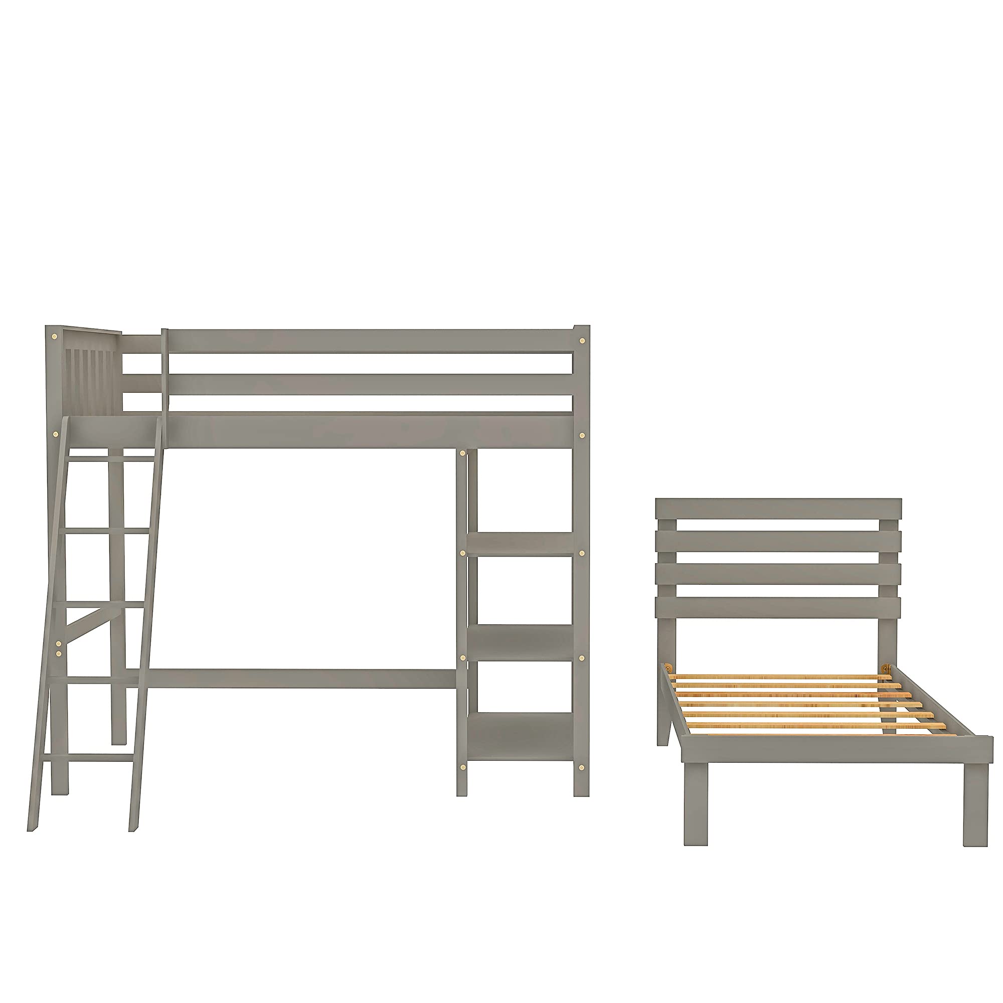 Solid Wood Twin Size Loft Bed Frame with Twin Platform Bed, 3 Storage Shelves & Safety Guardrail - Space Saving Kids & Teens Bedroom Furniture for Small Rooms (Gray) - Perfect for Dorms, Apartments & Shared Kids' Rooms