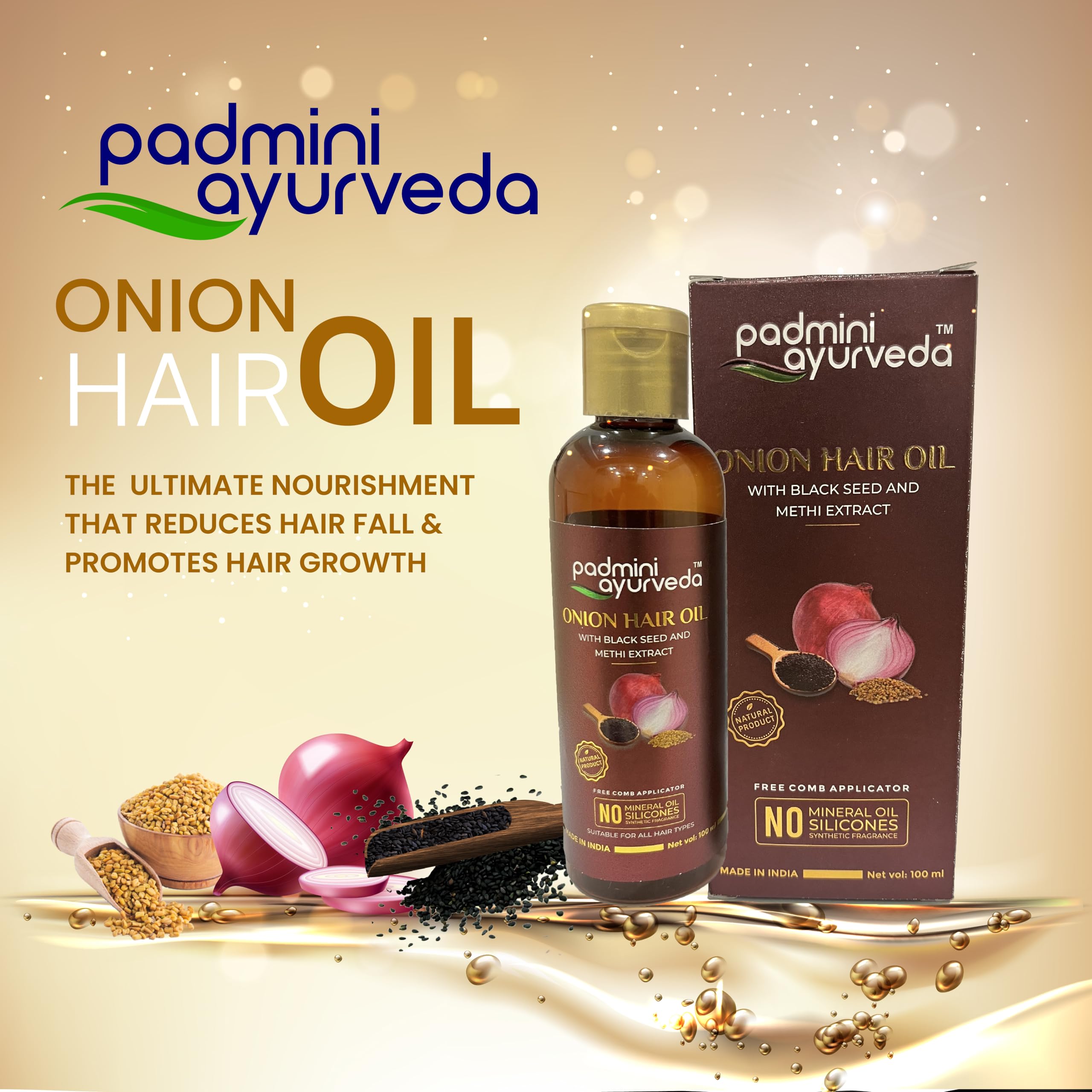 Padmini Ayurveda Onion Hair Oil for Men & Women - 100ml | Natural Hair Growth Treatment for Healthy, Strong & Nourished Hair | Reduces Hair Fall & Promotes Thickness | Perfect for Daily Hair Care & Scalp Massage