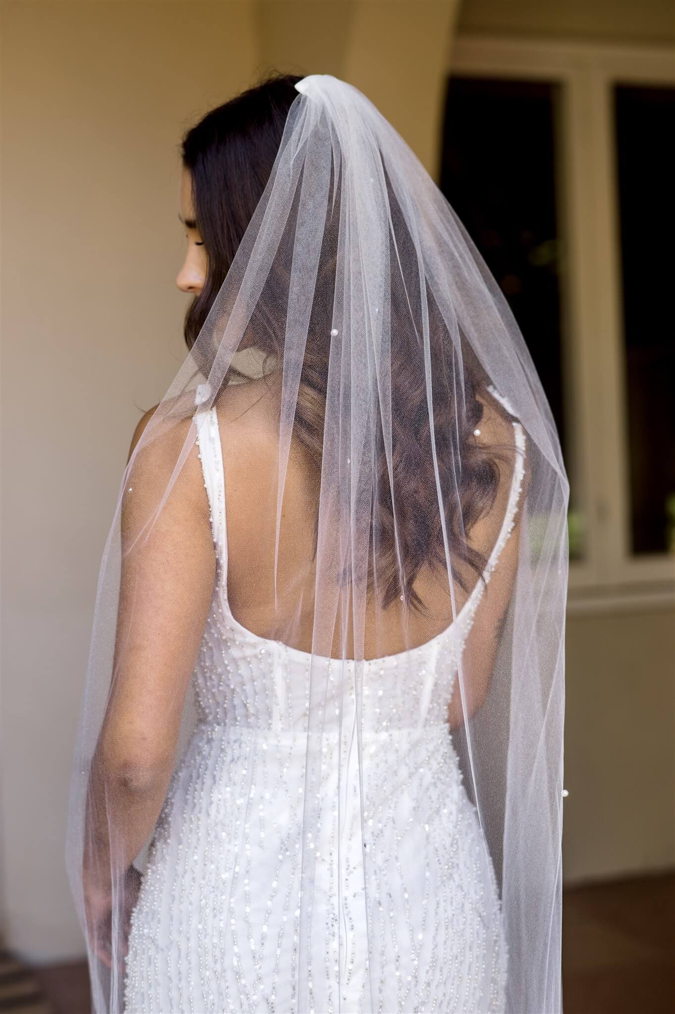 Alexis 98-inch Pearl and Crystal Wedding Veil – Elegant Bridal Accessory for Church, Beach & Outdoor Ceremonies