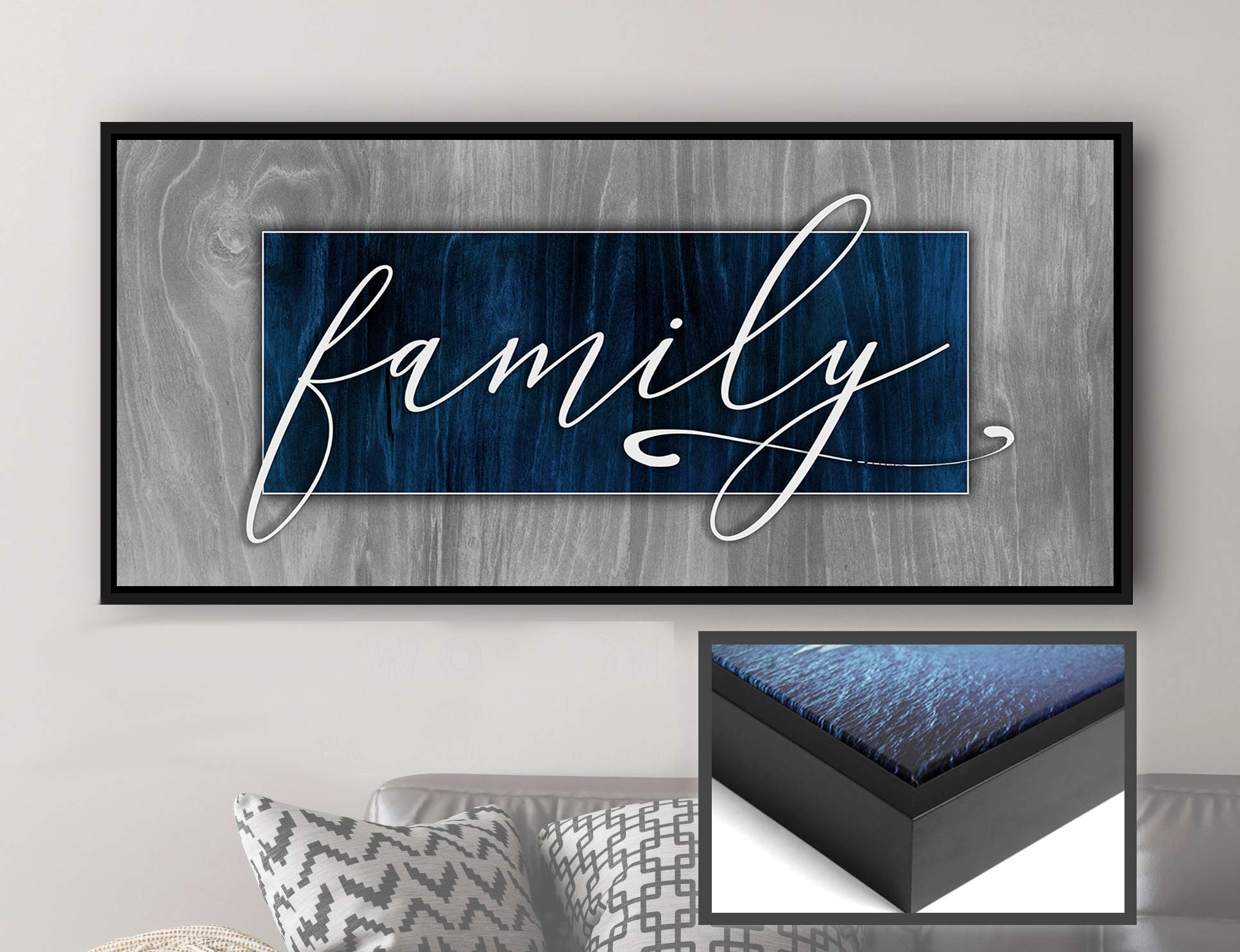 Farmhouse Family Sign - Rustic Wall Decor for Living Room with Blue & Black Floating Frame (42x19) | Perfect for Home Entryway, Living Room, or Farmhouse Style Decor