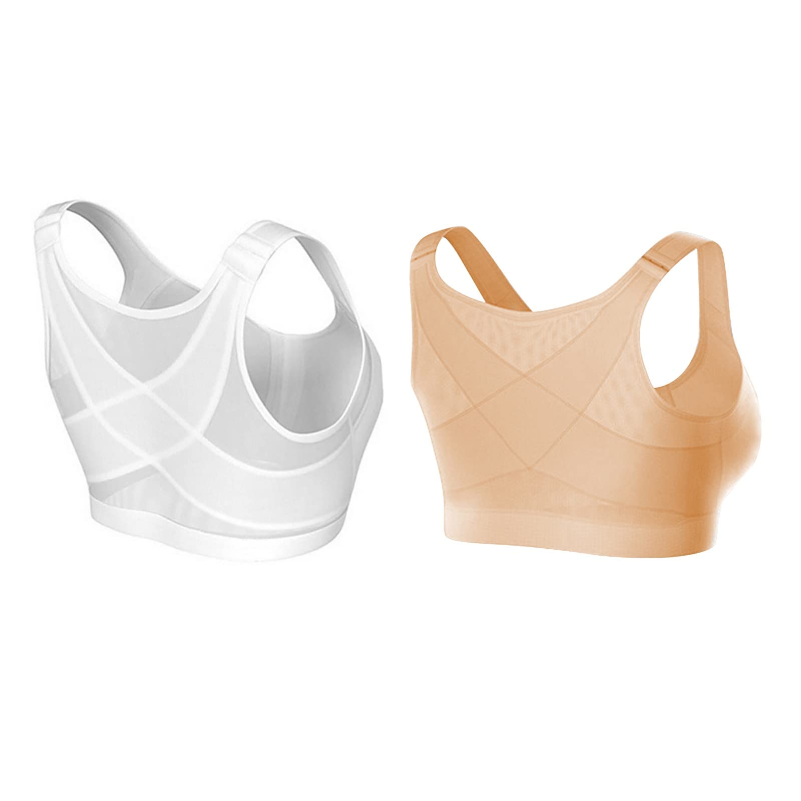 Women's Front Closure Posture Bra - Full Coverage Wireless Sports Bra with Back Support - 2 Pack (Beige & White, Medium) - Comfortable for Yoga, Gym & Daily Wear