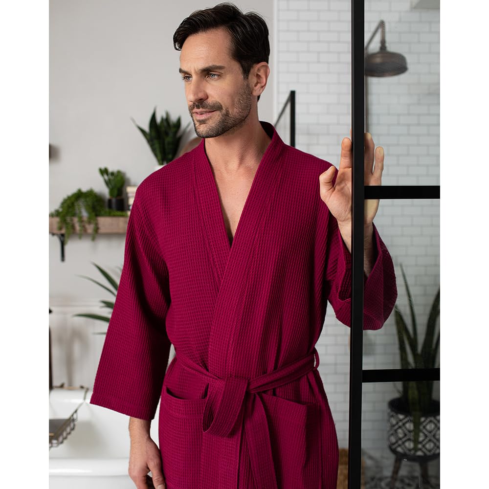 Luxury Soft Waffle Weave Cotton Bathrobe for Men - Premium SPA Quality Linen Robe - Perfect for Relaxation, Lounging & After Shower Comfort