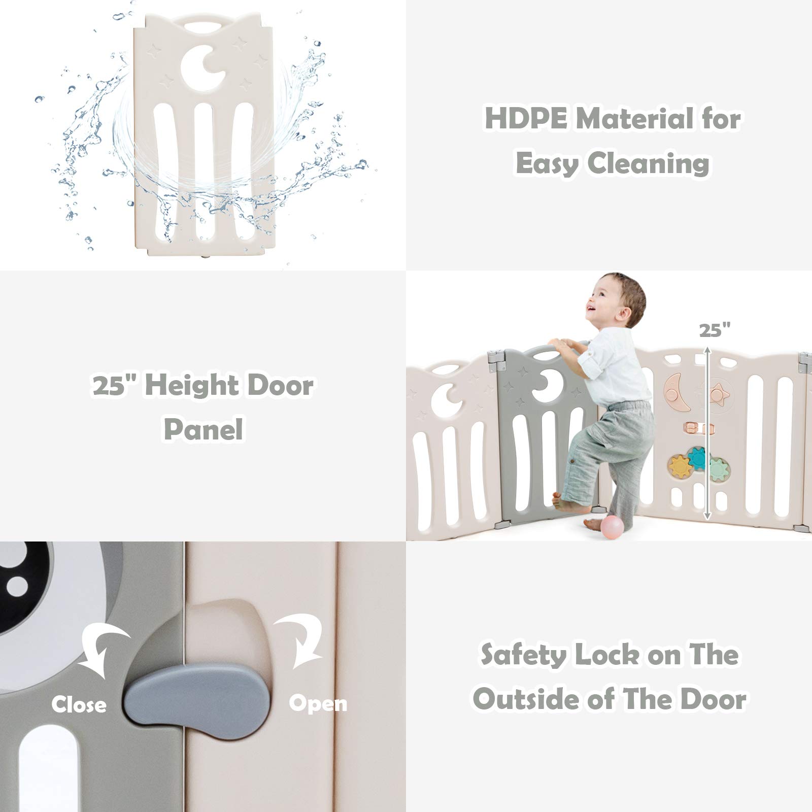 Costzon 16-Panel Foldable Baby Playpen with Locking Door - Non-Slip Rubber Pads & Bases for Safety - Indoor/Outdoor Adjustable Play Yard for Toddlers - Perfect for Home, Backyard, Daycare & Travel (Beige)