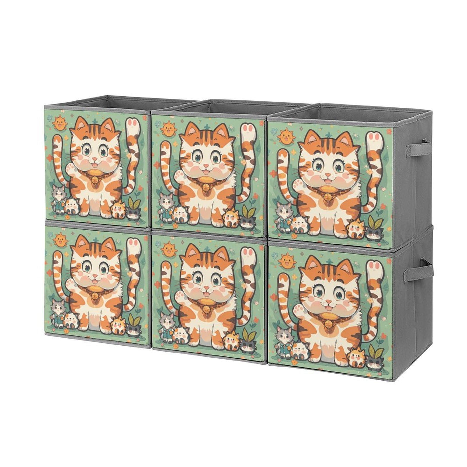 6PCS Collapsible Storage Bins with Handles - Cute Cartoon Cat Printed Foldable Organizer Boxes for Home, Kitchen, Bathroom & Closet Organization - Space Saving Storage Containers for Shelves, Cabinets & Under Bed