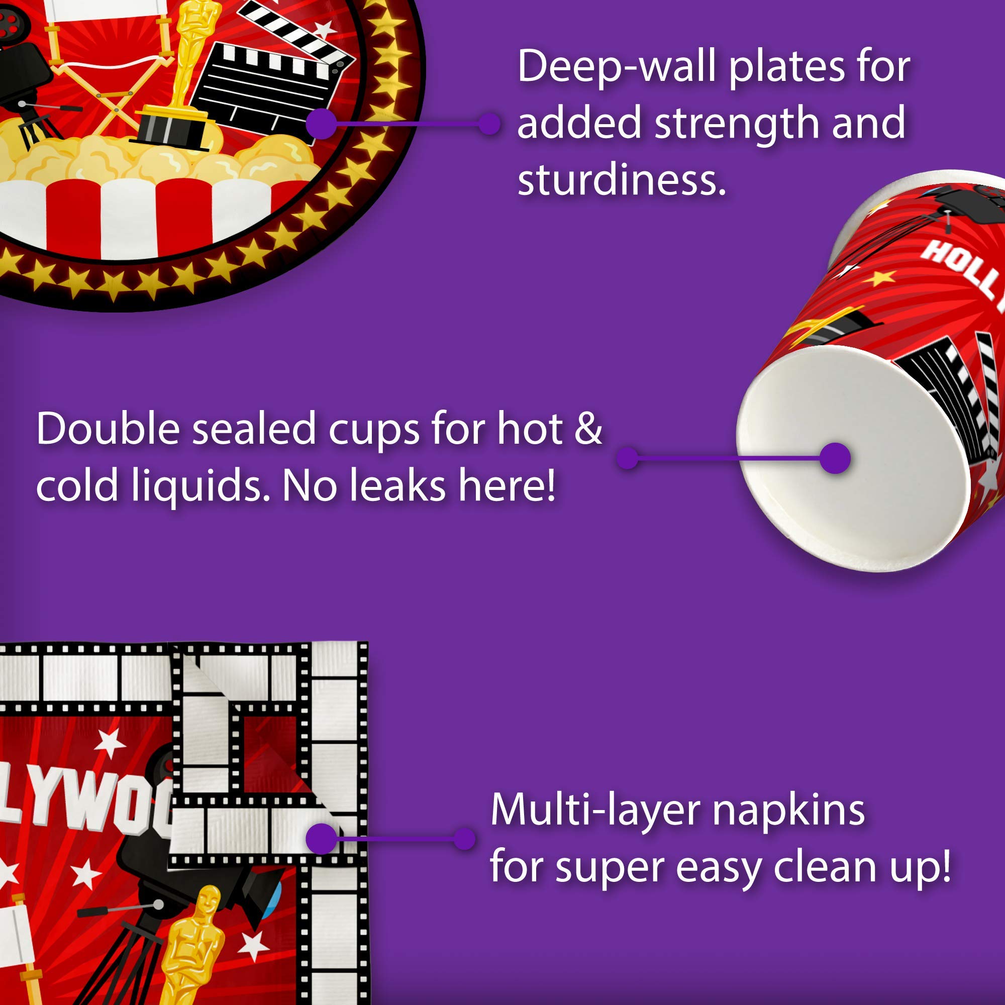 Hollywood Movie Night Birthday Party Supplies Set - 16-Piece Disposable Plates, Napkins, Cups & Tableware Kit for Themed Decorations - Perfect for Cinema-Themed Parties, Movie Premieres & Hollywood Celebrations
