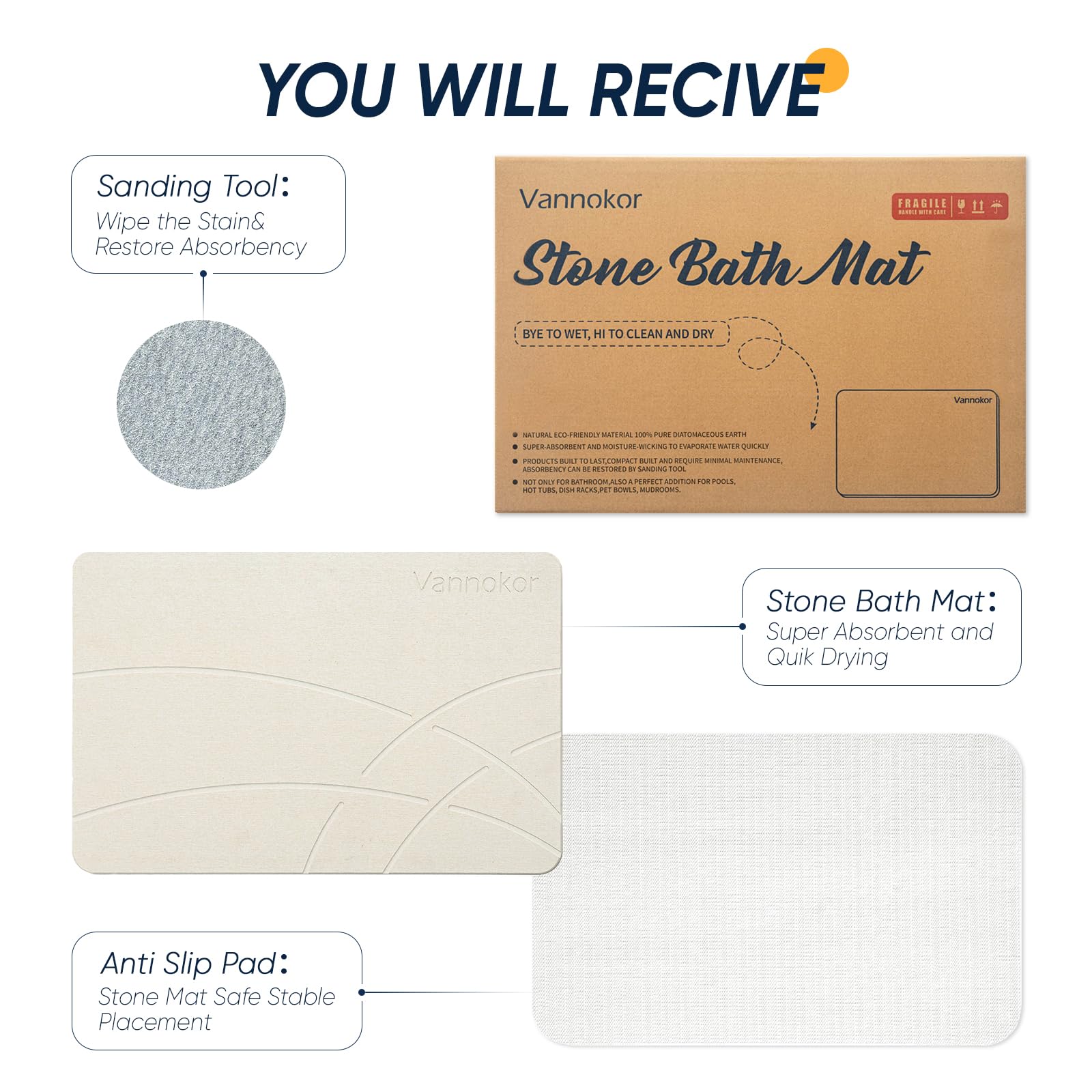 Non-Slip Diatomaceous Earth Bath Mat - Quick Dry Stone Shower Mat for Bathroom, 23.6