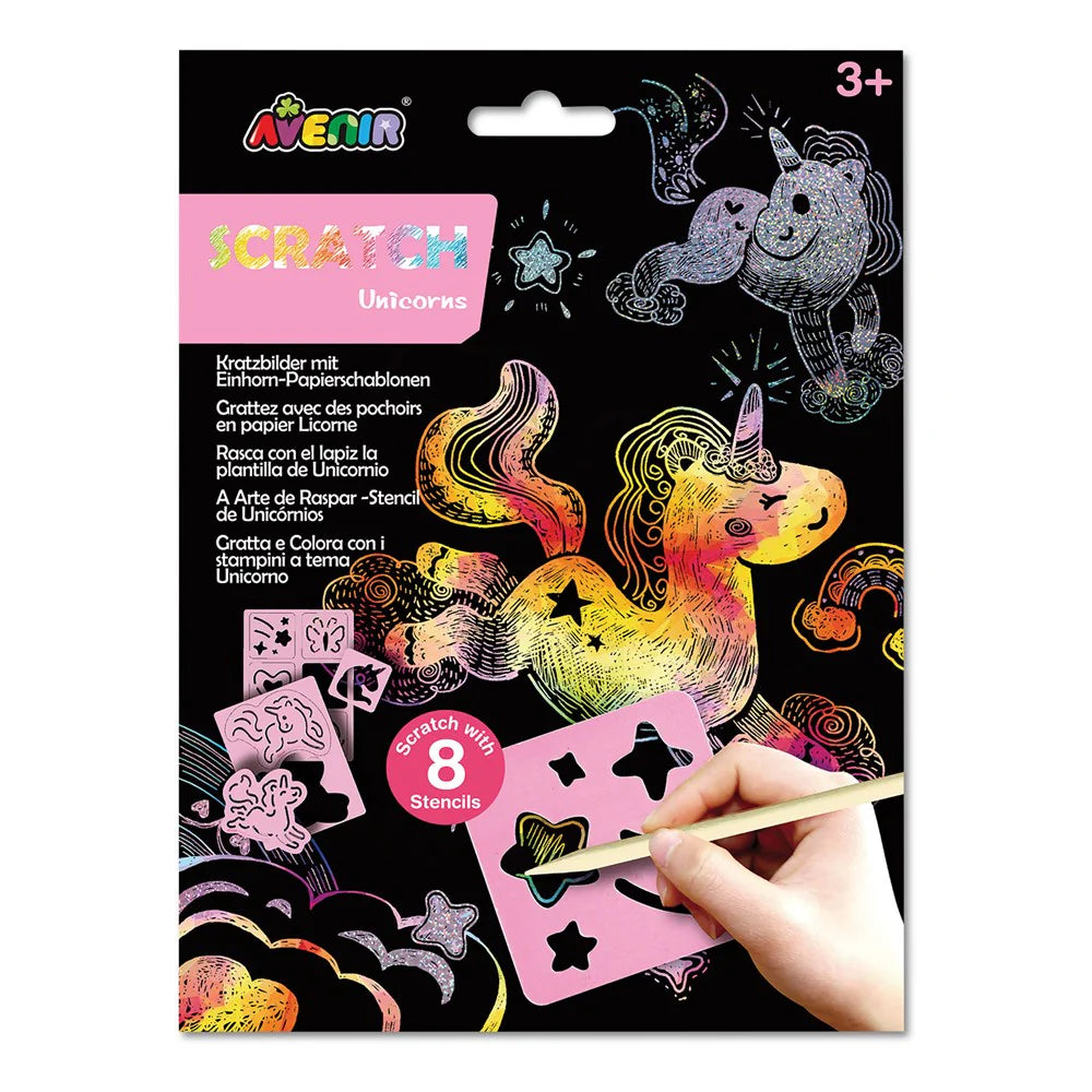 Avenir Scratch Art Kit with Stencils - Unicorn Themed DIY Craft for Kids, Perfect for Birthday Parties & Creative Play