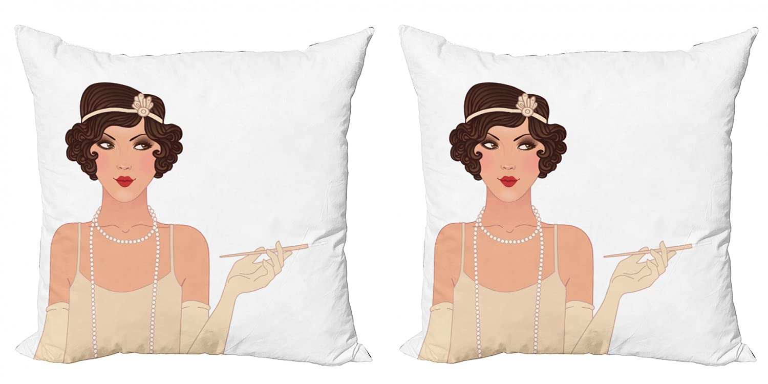 Ambesonne Pin Up Girl Throw Pillow Covers (Pack of 2) - Vintage Style Heavy Makeup Lady with Ruby Lipstick, Double-Sided Digital Print, 18 Inch, Pale Peach Chocolate - Perfect for Sofa, Bedroom & Home Decor