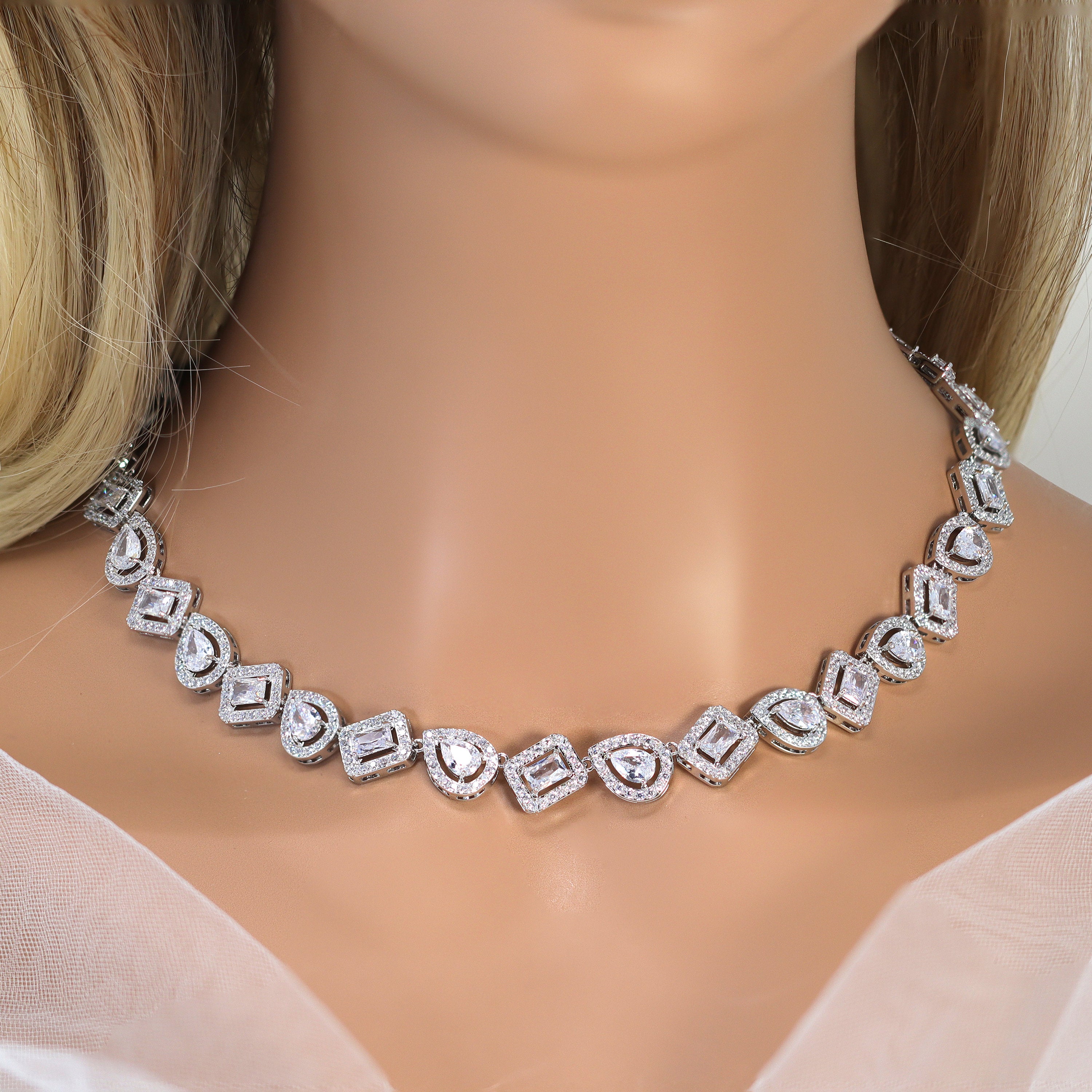 Elegant Diamond & Swarovski Crystal Necklace Set - Pear, Round & Princess Cut Bridal Jewelry with Matching Crystal Earrings | Perfect for Weddings, Anniversaries & Special Occasions