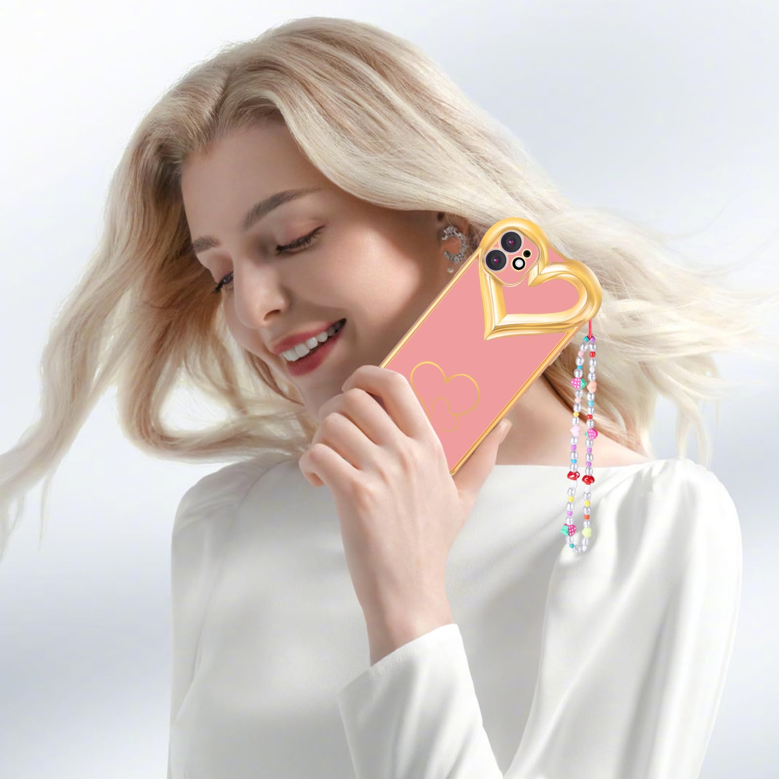 3-in-1 Luxury Heart Pattern iPhone 11 Case for Women - 6.1 Inch Cute Aesthetic Phone Cover with Chain & Screen Protector | Perfect Gift for Girlfriend, Valentine's Day & Everyday Use