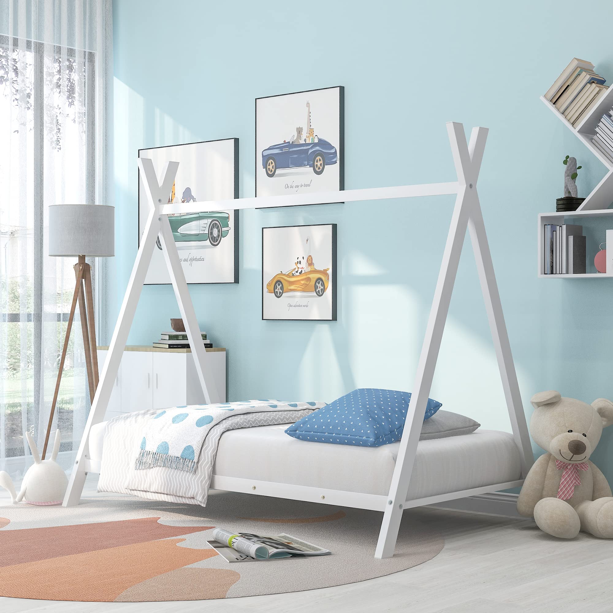 **CITYLIGHT Twin House Bed for Kids - White Metal Tent Bed with Slats, Montessori Floor Bed for Toddlers, Boys & Girls - Perfect for Bedrooms, Playrooms & Sleepovers**