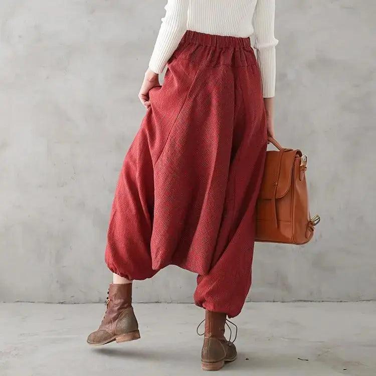 Bohemian Red Linen High Waisted Drop Crotch Harem Pants for Women - Comfortable Loose Fit Yoga Lounge Pants for Travel, Beach & Boho Fashion