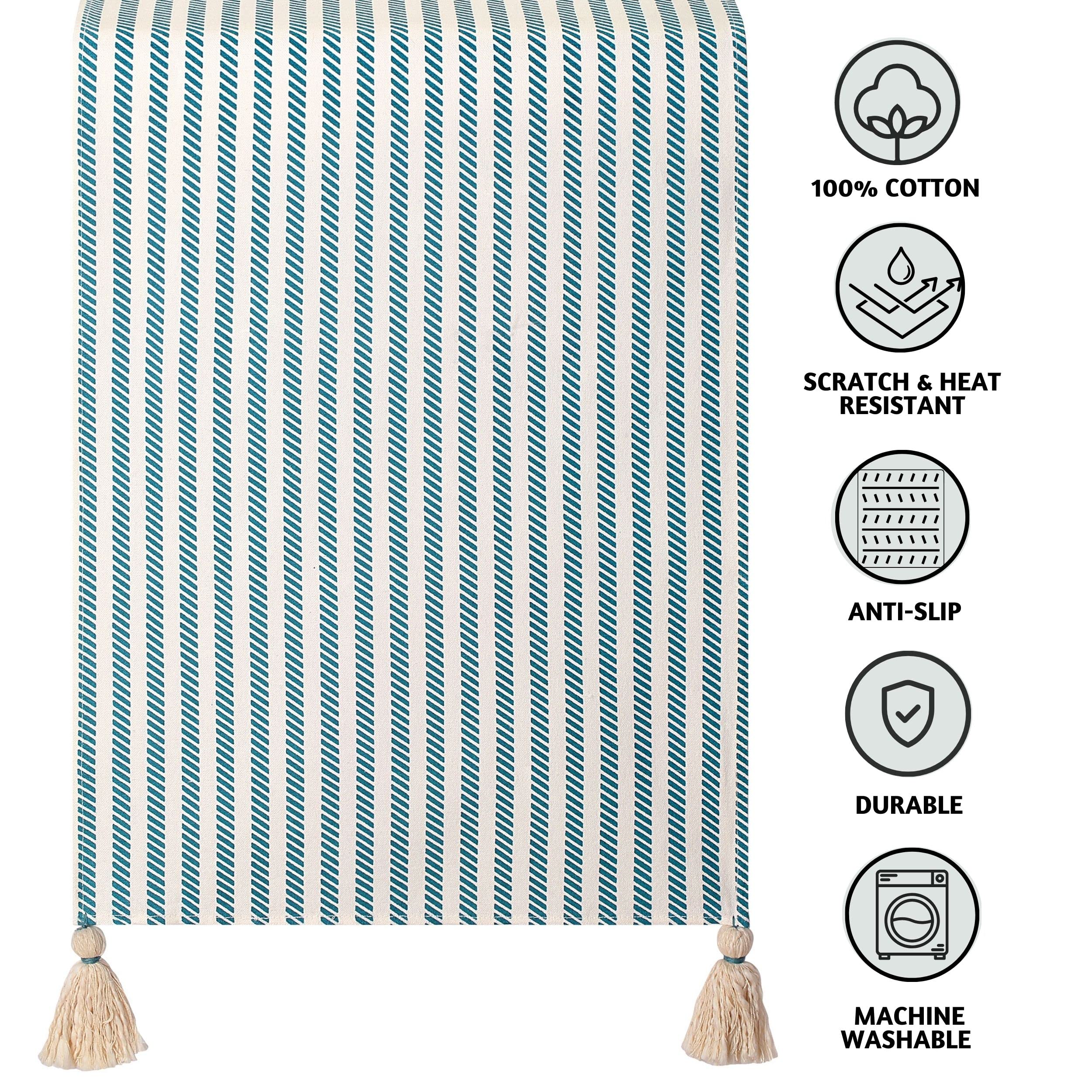 Folkulture 108 Inch Long Cotton Table Runner with Tassels - Farmhouse & Boho Style Kitchen Decor, 14x108 Inches, Teal Stripe - Perfect for Dining Tables, Coffee Tables, and Rustic Home Decor