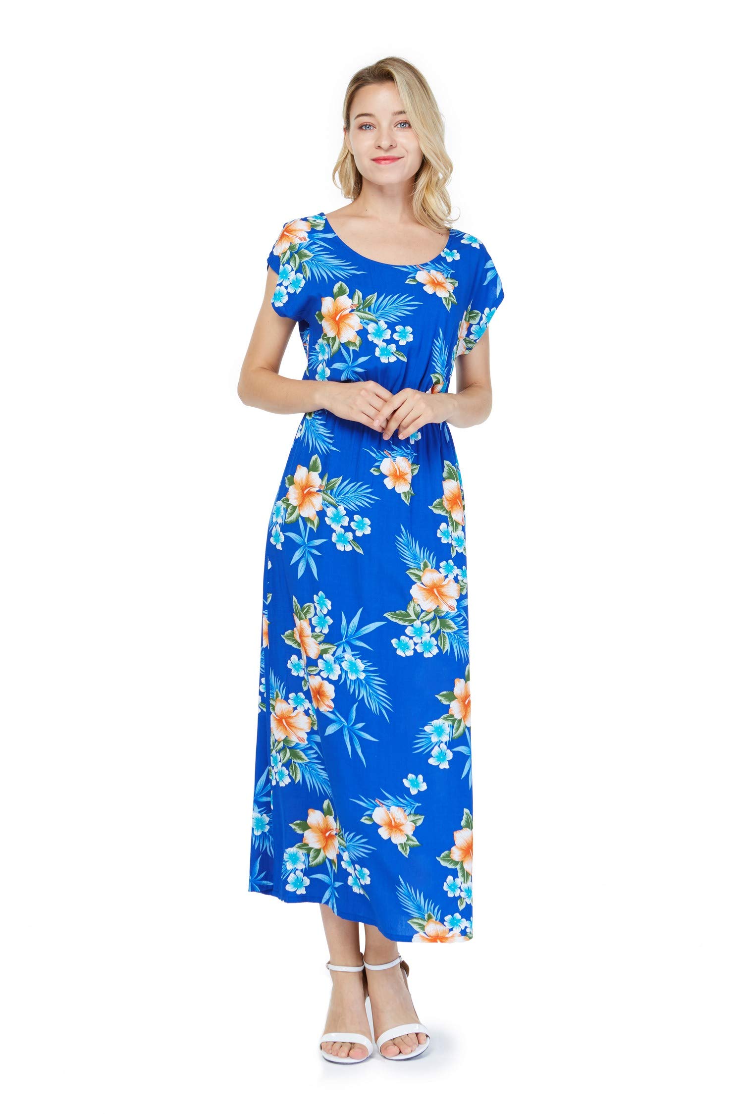 Hawaiian Floral Print Women's Maxi Dress - Cap Sleeve Luau Party Dress for Beach Vacation, Summer Outfits & Tropical Themed Events