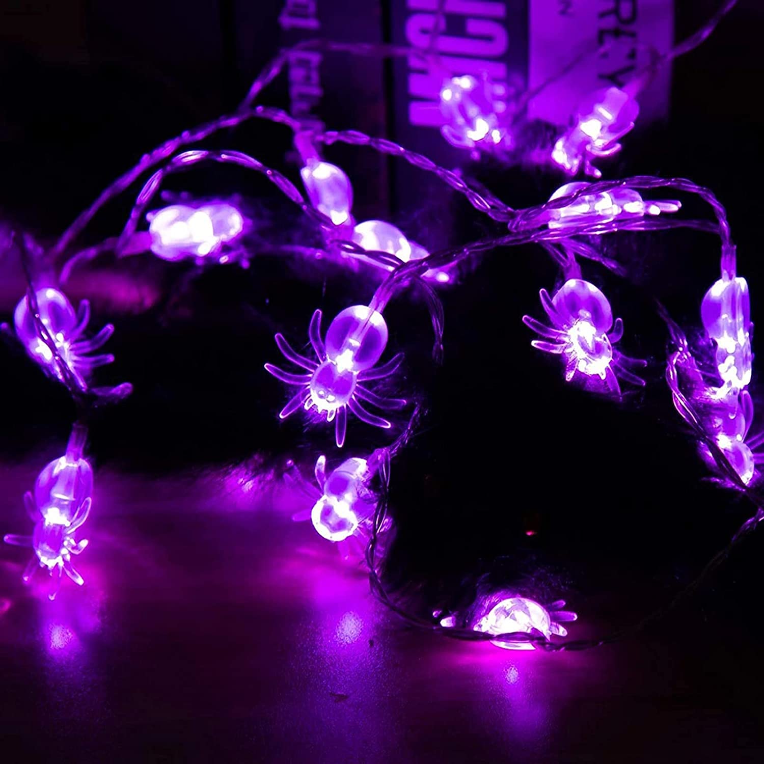 SNOMYRS 21ft LED Spider String Lights - 30 Battery Powered Halloween & Christmas Decorations with 8 Lighting Modes - Purple Outdoor Lights for Patio, Garden, Gate, Yard (Perfect for Halloween Parties, Christmas Festivals, and Outdoor Events)