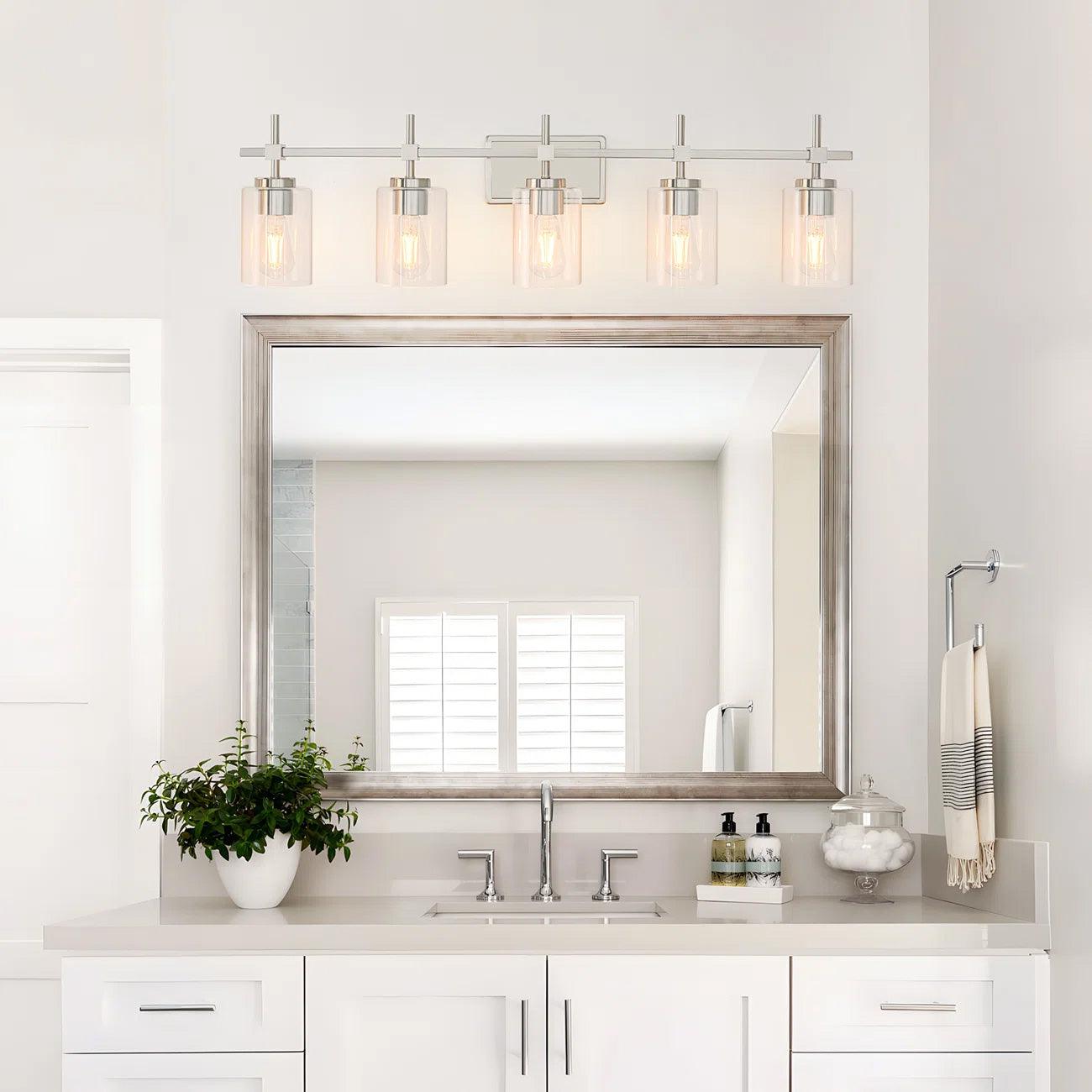 Jasper Modern 5-Light Bathroom Vanity Light Fixture - Brushed Nickel & Black with Clear Glass Shades - Perfect for Bathroom, Powder Room, and Dressing Room Lighting