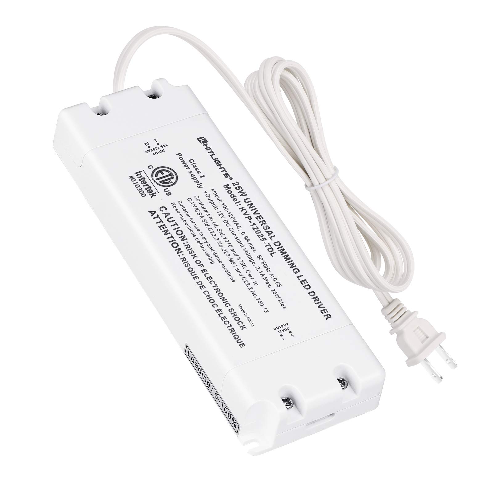 HitLights 25W Dimmable LED Driver Transformer - 120V AC to 12V DC Power Supply for LED Strip Lights - Compatible with Lutron & Leviton Dimmers - Constant Voltage LED Projects - ETL Listed - Perfect for Home Lighting, Under Cabinet Lights & DIY LED Projects