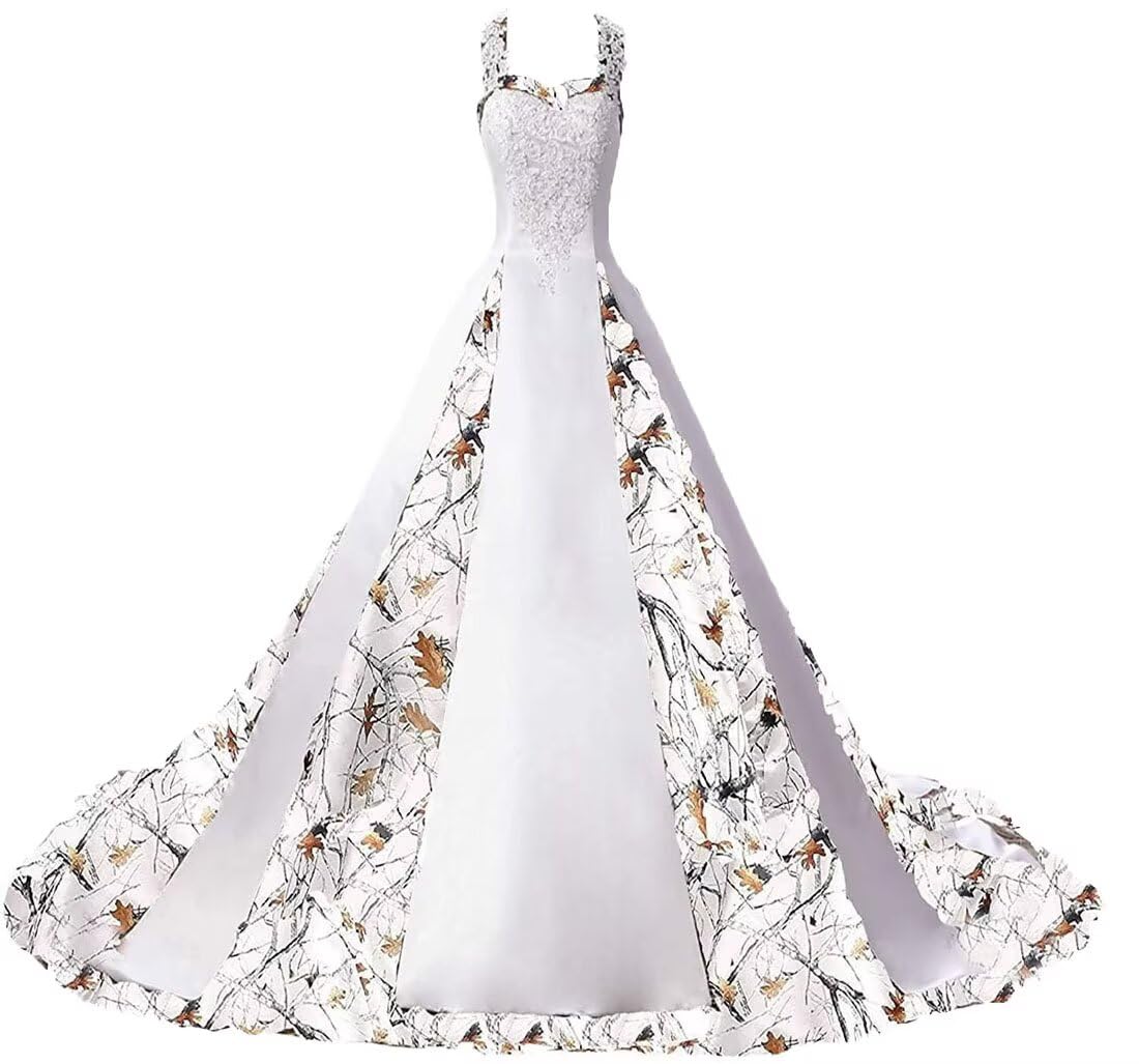 ZVOCY Women's Camouflage Wedding Dress - Satin Camo Long Formal Gown for Brides - Elegant White Wedding Gown for Outdoor, Military, or Unique Theme Weddings