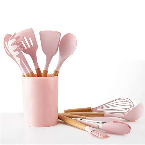 11pcs Silicone Spatula Set with Wooden Handle - Nonstick Kitchen Utensils for Cooking, Baking & Frying - Includes Storage Bucket for Easy Organization