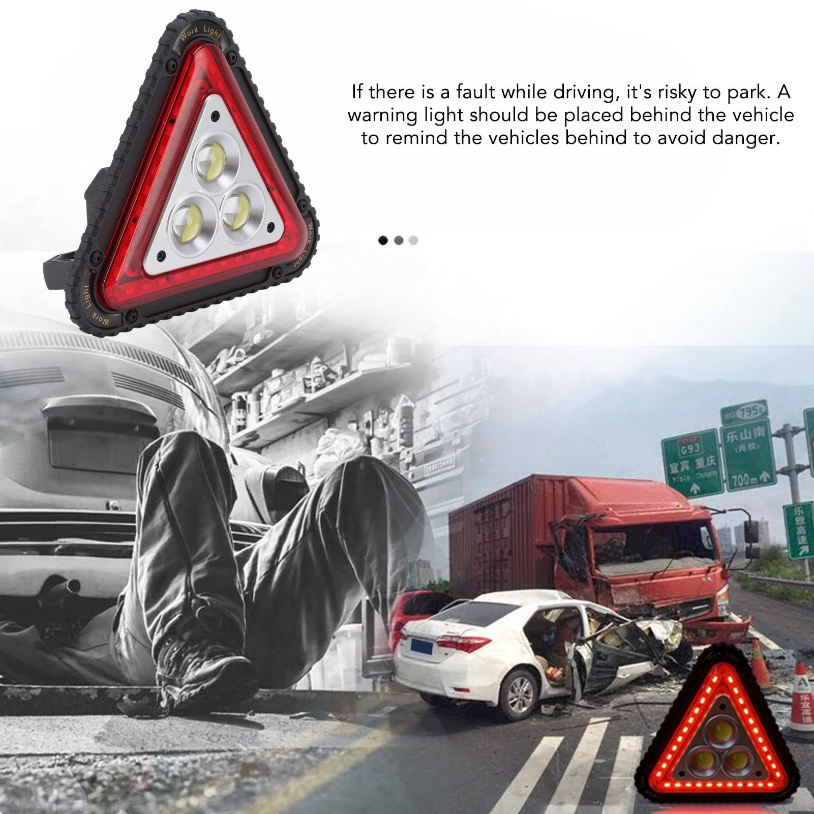 Haofy COB LED Work Light with USB Charging - Multifunctional Red Floodlight for Car Repair, Emergency Warning & Roadside Assistance - Durable Triangle Light for Mechanics, Truck Drivers & Emergency Kits