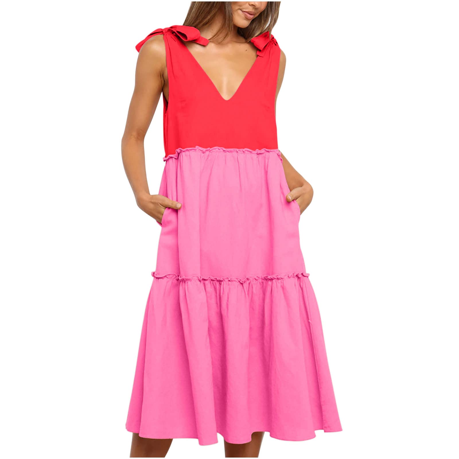 Women's Summer Sun Dresses - Patchwork & Solid Color Sleeveless V-Neck A-Line Midi Dress | Beach Vacation, Outdoor Party & Casual Wear