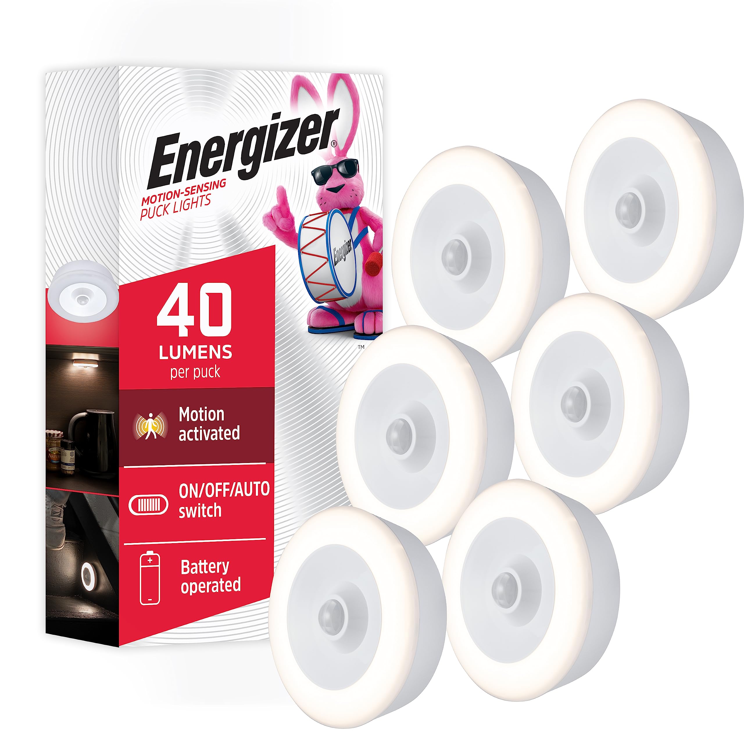 Energizer Motion Activated LED Puck Lights - 6 Pack Battery Powered Wireless Stick-On Lights for Under Cabinet, Hallway, Closet & Stair Lighting | Energy-Efficient Indoor Night Lights for Kitchen, Bathroom, Garage & Bedroom Safety
