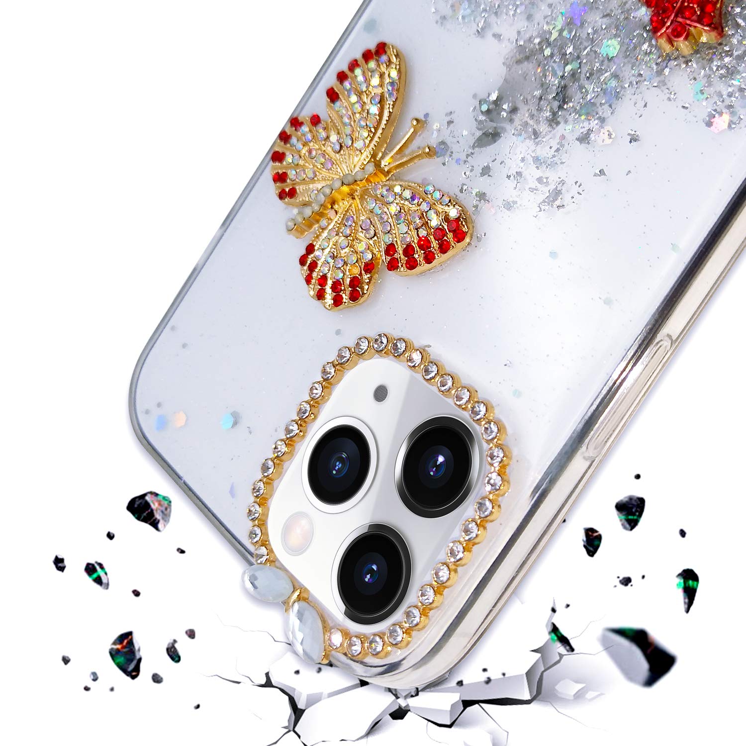 Luxury 3D Bling Glitter Rhinestone iPhone 12 Pro Case - Diamond Butterfly Flower Design, Sparkly Soft Silicone Protective Cover for Women & Girls (6.1