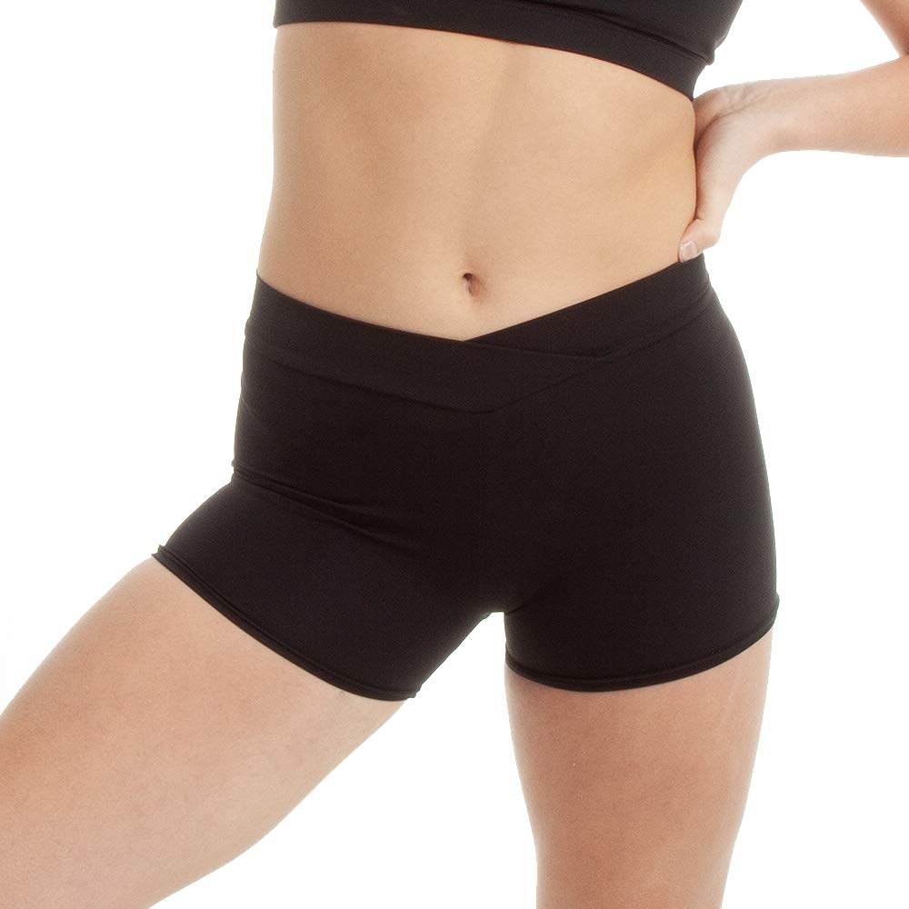 Dance Basix V-Waist Black Athletic Shorts for Girls - High Waist Workout Shorts for Yoga, Running & Gym - Comfortable Activewear for Teens & Kids