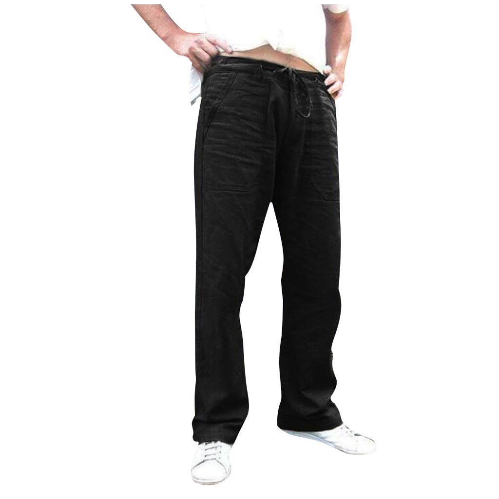 WOSHUAI Men's Linen Pants - Casual Solid Color Long Pants for Big & Tall, Slim Relaxed Fit Yoga Pants with Elastic Waist Drawstring - Perfect for Summer, Lounge Wear, Travel & Athletic Activities