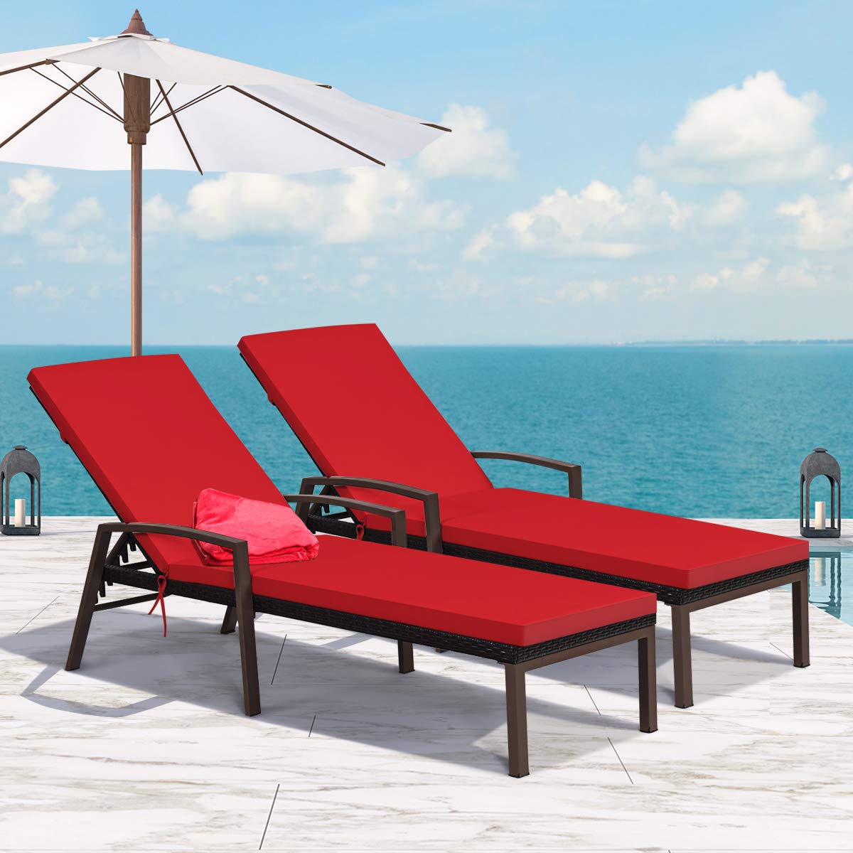 2PCS Patio Chaise Lounge Chairs with Cushions - Adjustable Rattan Sun Lounger for Outdoor Relaxation - Comfortable Wicker Recliner with Armrest for Poolside, Garden, Lawn or Balcony (Red) - Perfect for Sunbathing, Reading and Lounging in Your Backyard