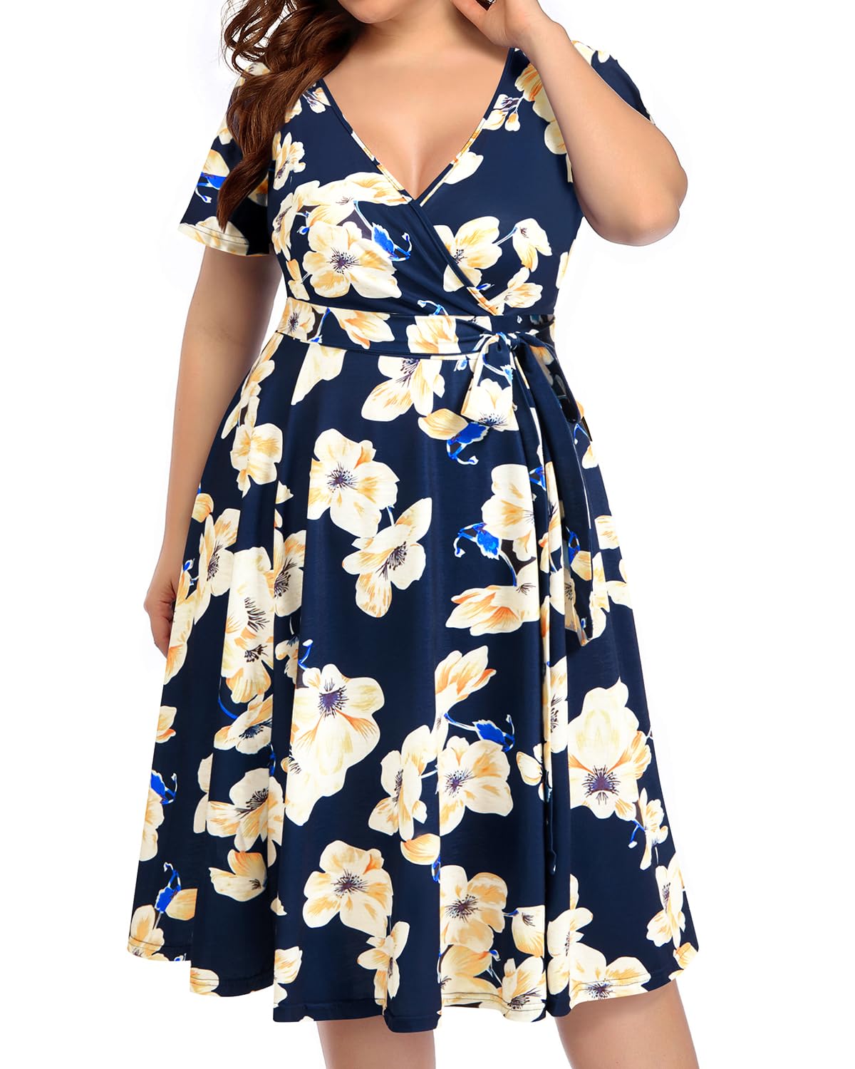 Plus Size Women's Pinup Fashion Cocktail Dress - Semi Formal Wrap Empire Waist Midi Dress for Wedding Guest, Party, and Special Occasions