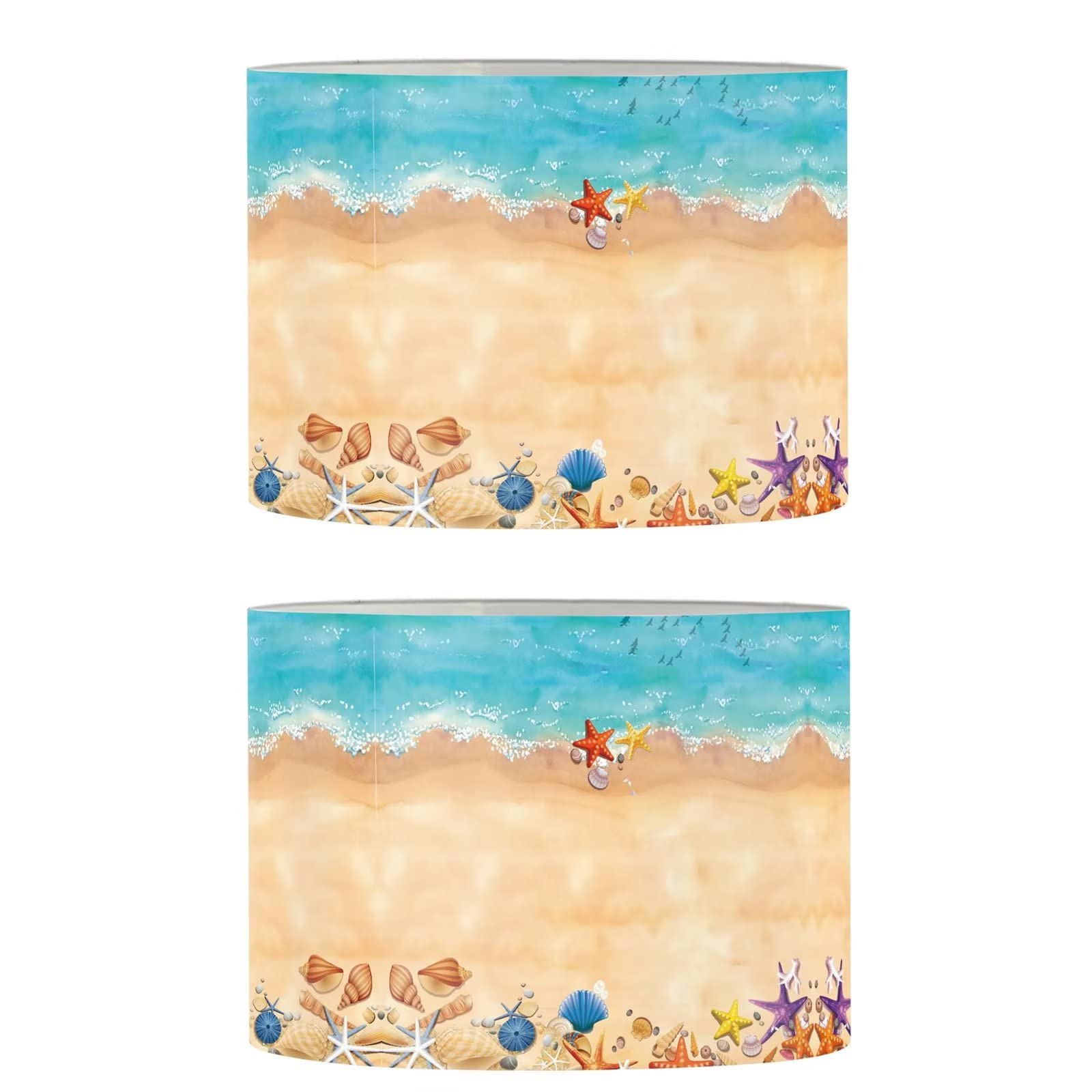 Xoenoiee Drum Lamp Shades Set of 2 - 11.2 x 6.7 Inch PVC Metal Frame Cylinder Lampshades with Spider UNO Euro Fitter for Table & Floor Lamps - Coastal Beach Decor with Sand Shell & Starfish Design - Perfect for Living Room, Bedroom, or Beach House Lighting
