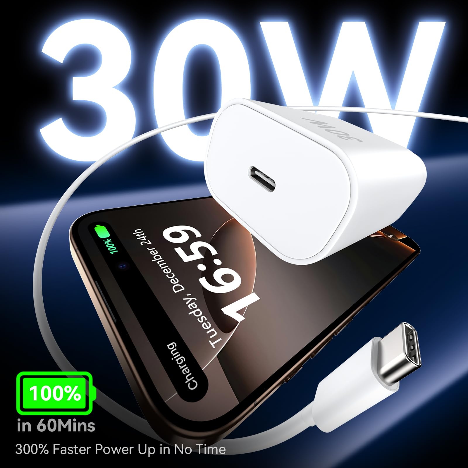 30W USB C Fast Charger for iPhone 16/15 Pro Max - 3 Pack with 6.6ft & 10ft Long Cables | Quick Charging Block Compatible with iPhone 16 Series & 15 Pro Models | Perfect for Home, Office & Travel Charging